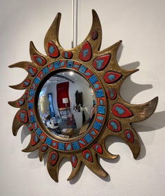 Freeform Gilt Talossel Vallauris Ceramics Sunburt Convex Mirror, 1960s