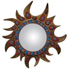Freeform Gilt Talossel Vallauris Ceramics Sunburt Convex Mirror, 1960s