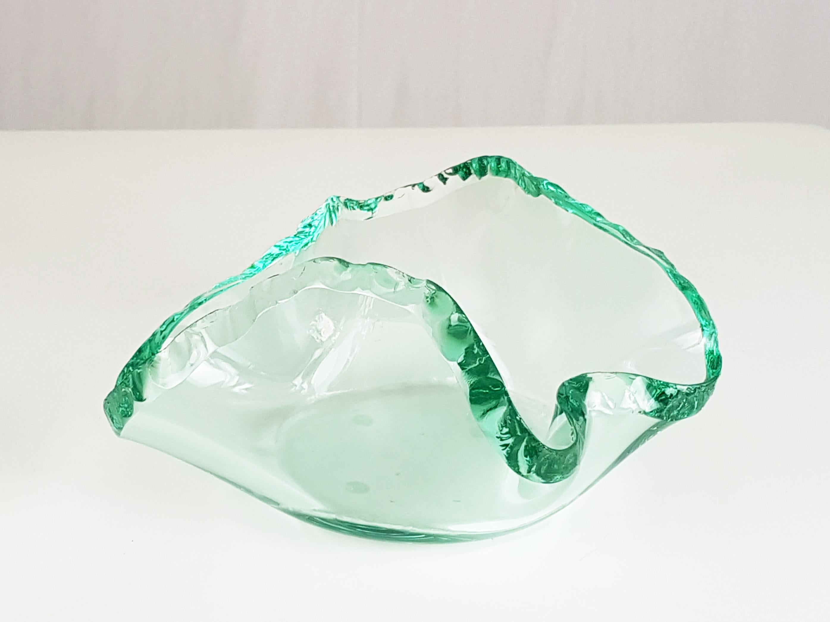 Hand-Carved Freeform Green-Blue Glass 1960s Bowl by Erwin Burger