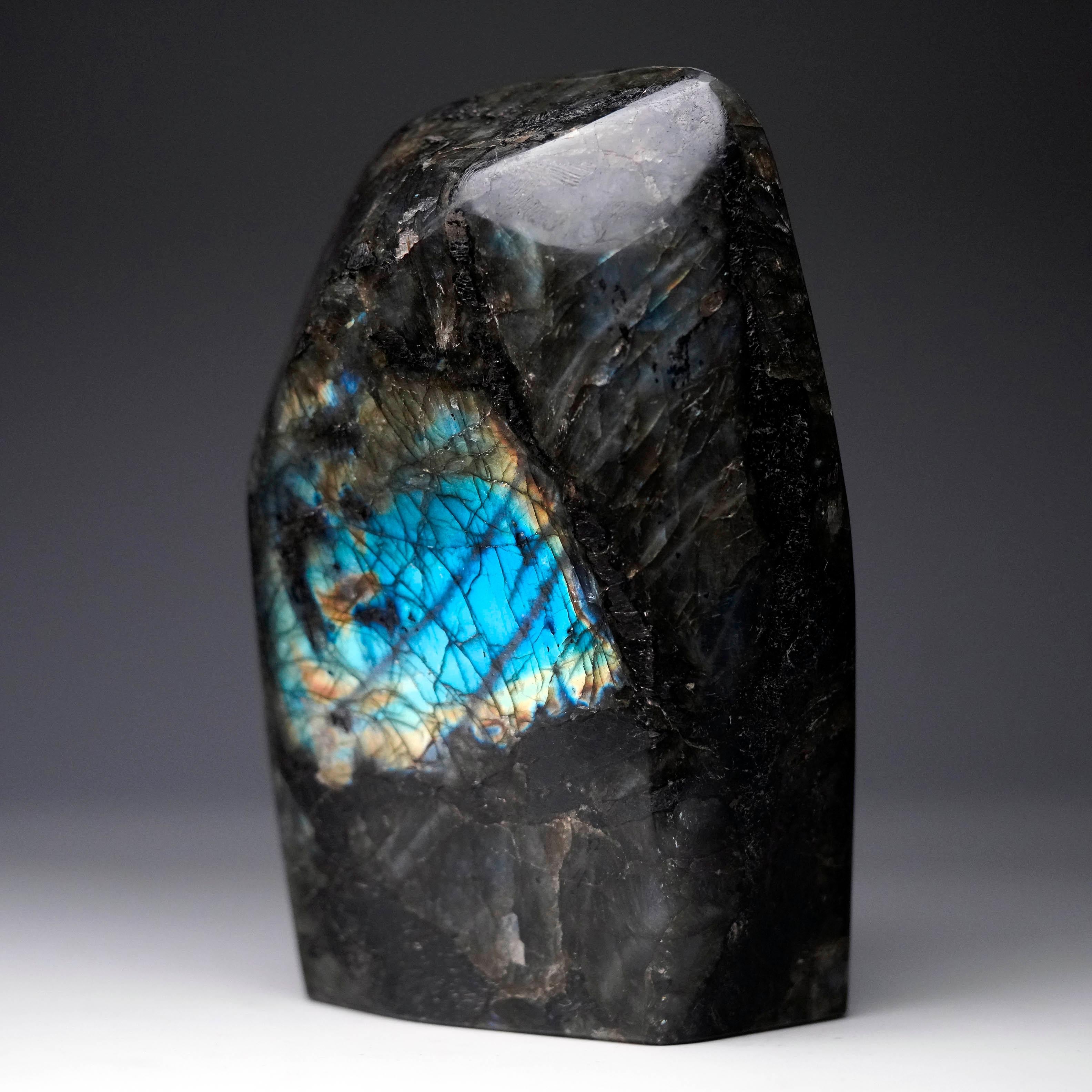This sculpted Labradorite freeform from Madagascar showcases a brilliant blue labradorescence framed by dark, smoky tones that give it both depth and contrast. Its tall, polished form makes it an eye-catching display piece, especially when light