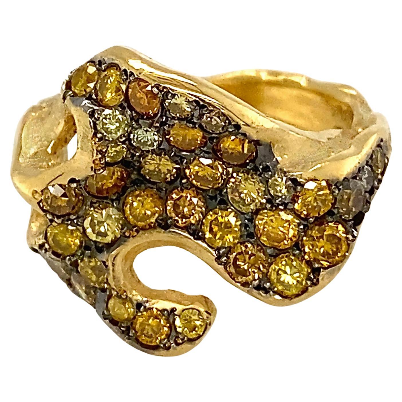 Freeform "Lava Pool" Ring with 1.16 Carats Yellow Spectrum Diamonds in 18K Gold For Sale