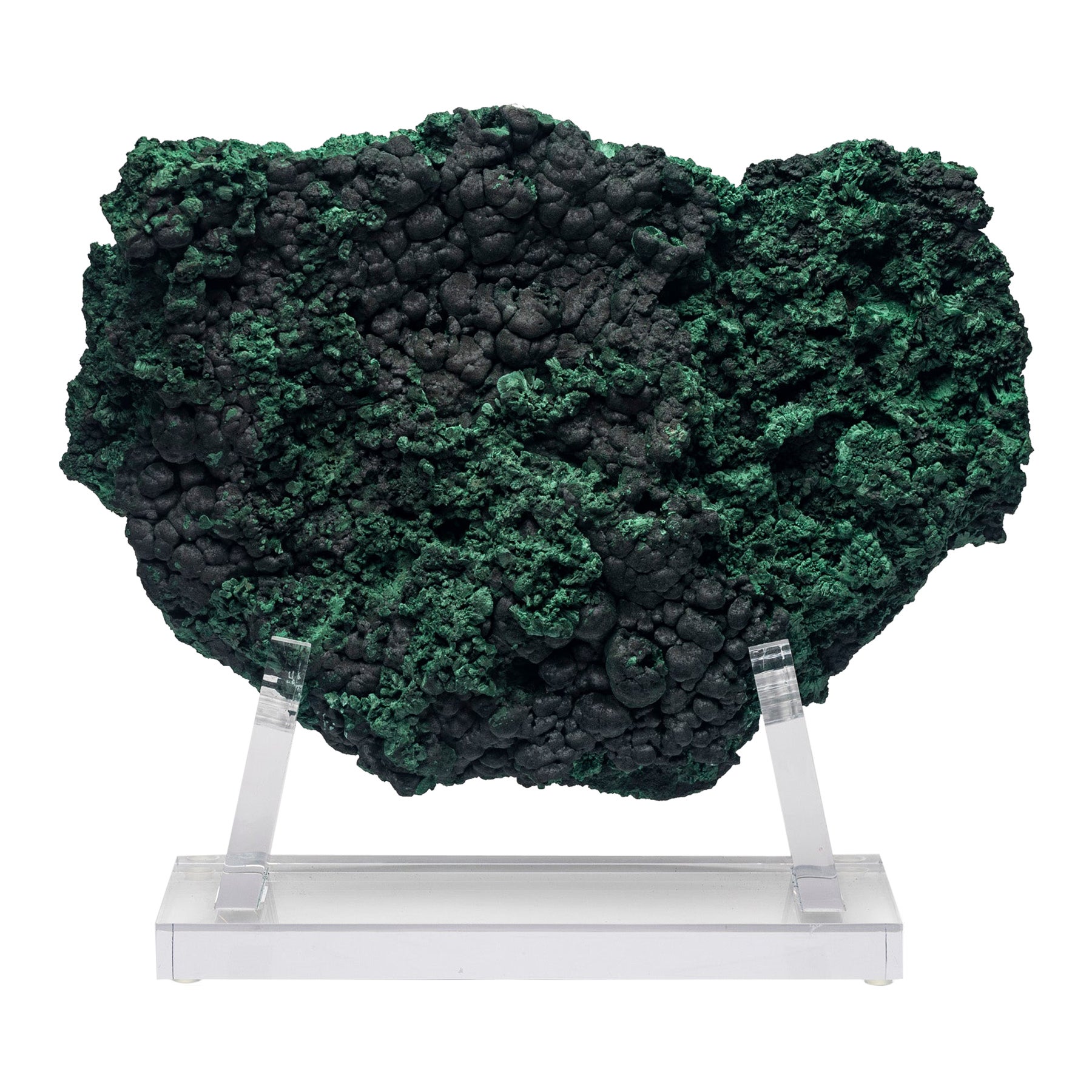 Specimen di malachite a forma libera del Congo montato su un supporto acrilico personalizzato