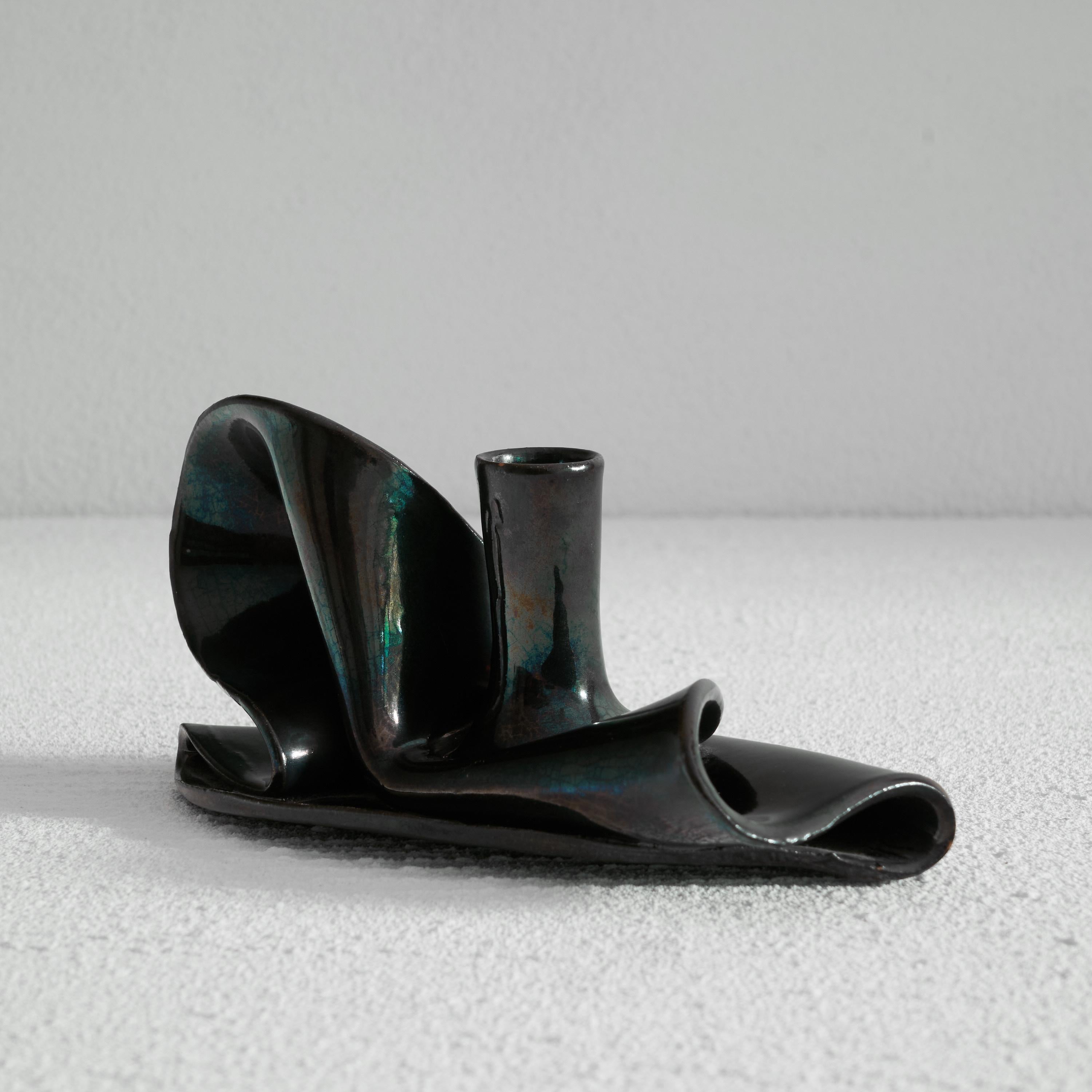 Mid-Century Modern Freeform Metallic Glazed 'Folded' Studio Pottery Candle Holder For Sale