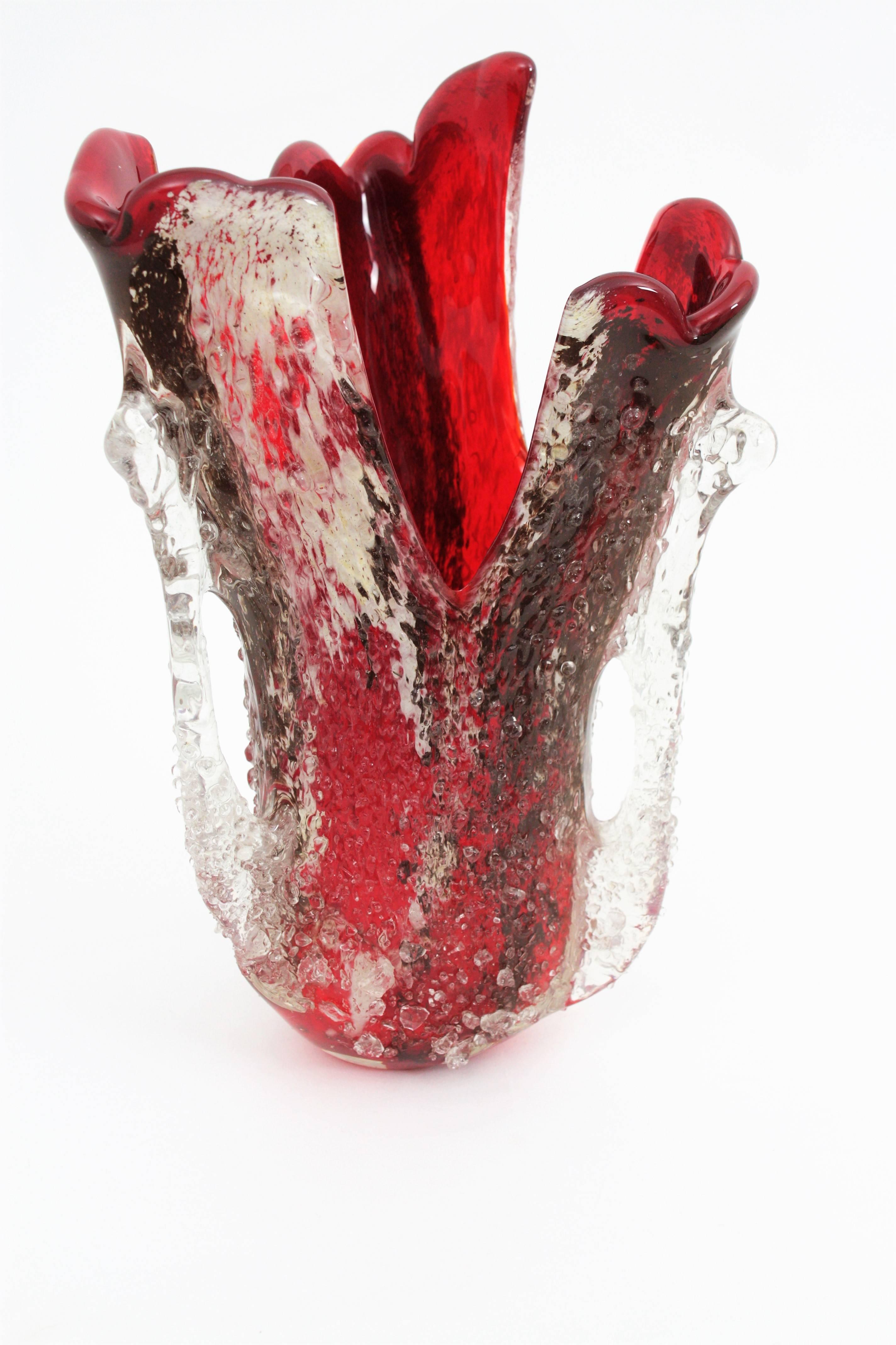 Italian Murano Free form Vase in Red and Clear Macette Art Glass, 1950s For Sale