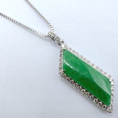 Freeform Parallelogram Emerald Green Jadeite Jade 18K Pendant with Diamond Halo