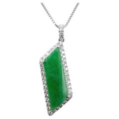 Freeform Parallelogram Emerald Green Jadeite Jade 18K Pendant with Diamond Halo
