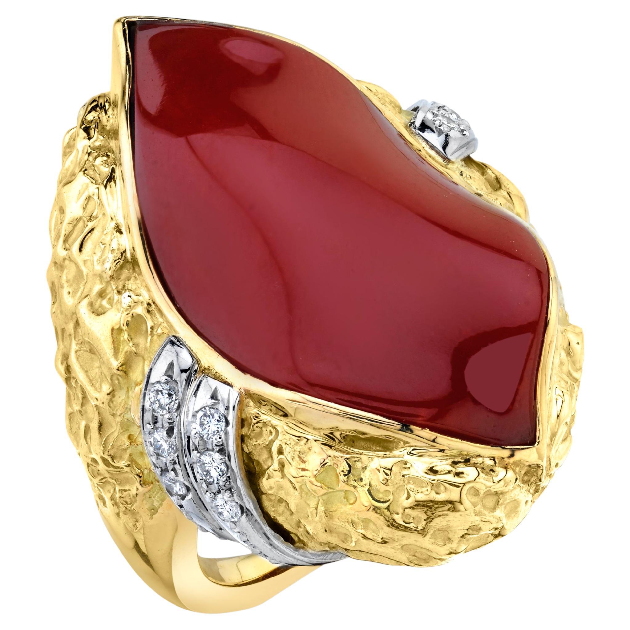 Red Coral and Diamond "Nugget" Ring in Platinum and Yellow Gold 