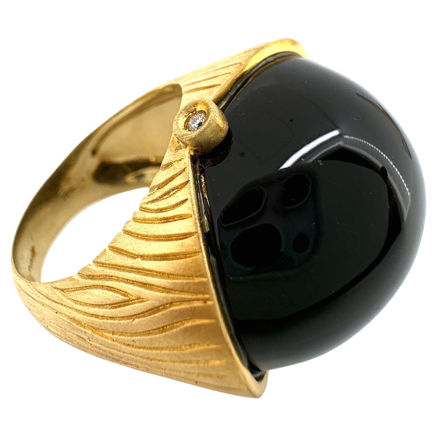 Freeform Smoky Quartz Cabochon in 18K Gold "Woodsy" Ring with Diamond Accents