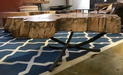Freeform Teak Coffee Table with Hand Forged Iron Tripod Base and Table Top Tray
