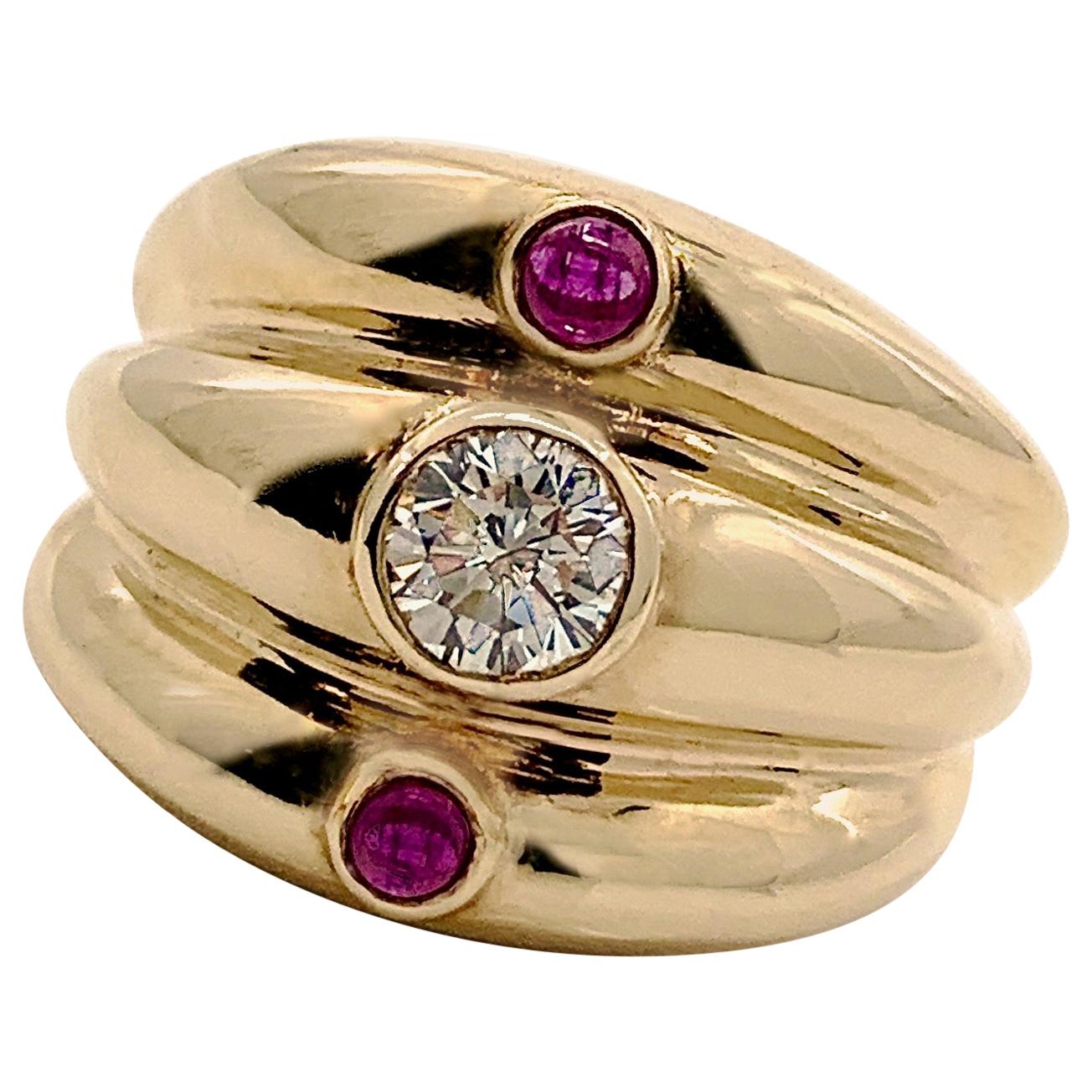 "Triple Turban" Yellow Gold Ring with 0.5 Carat Natural Diamond & Ruby Cabochons For Sale