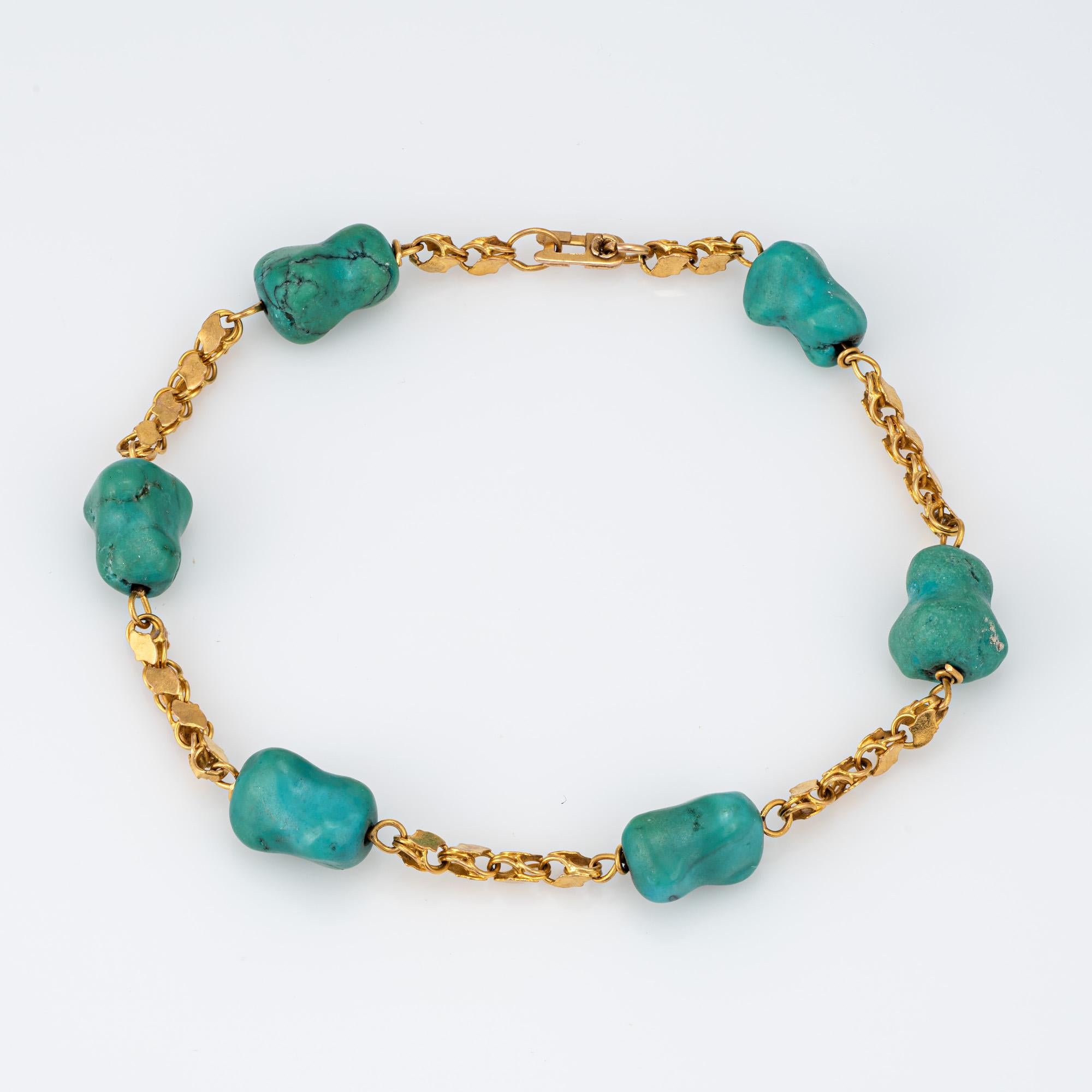 Stylish and finely detailed vintage turquoise bracelet crafted in 18 karat yellow gold (circa 1960s). 

Turquoise measures (average) 10mm x 8mm. The turquoise is in very good condition and free of cracks or chips. 

Freeform turquoise matrix stones