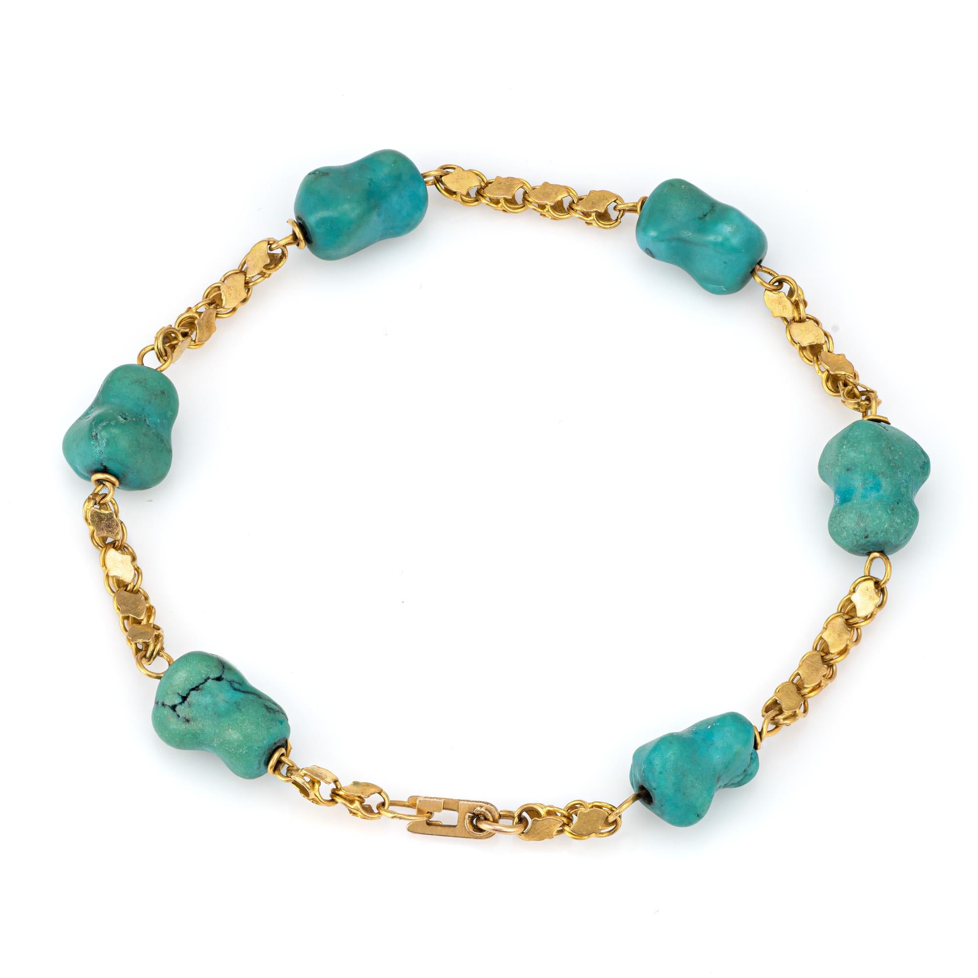 Modern Freeform Turquoise Bracelet 1960s Vintage 18k Yellow Gold Fancy Link Jewelry