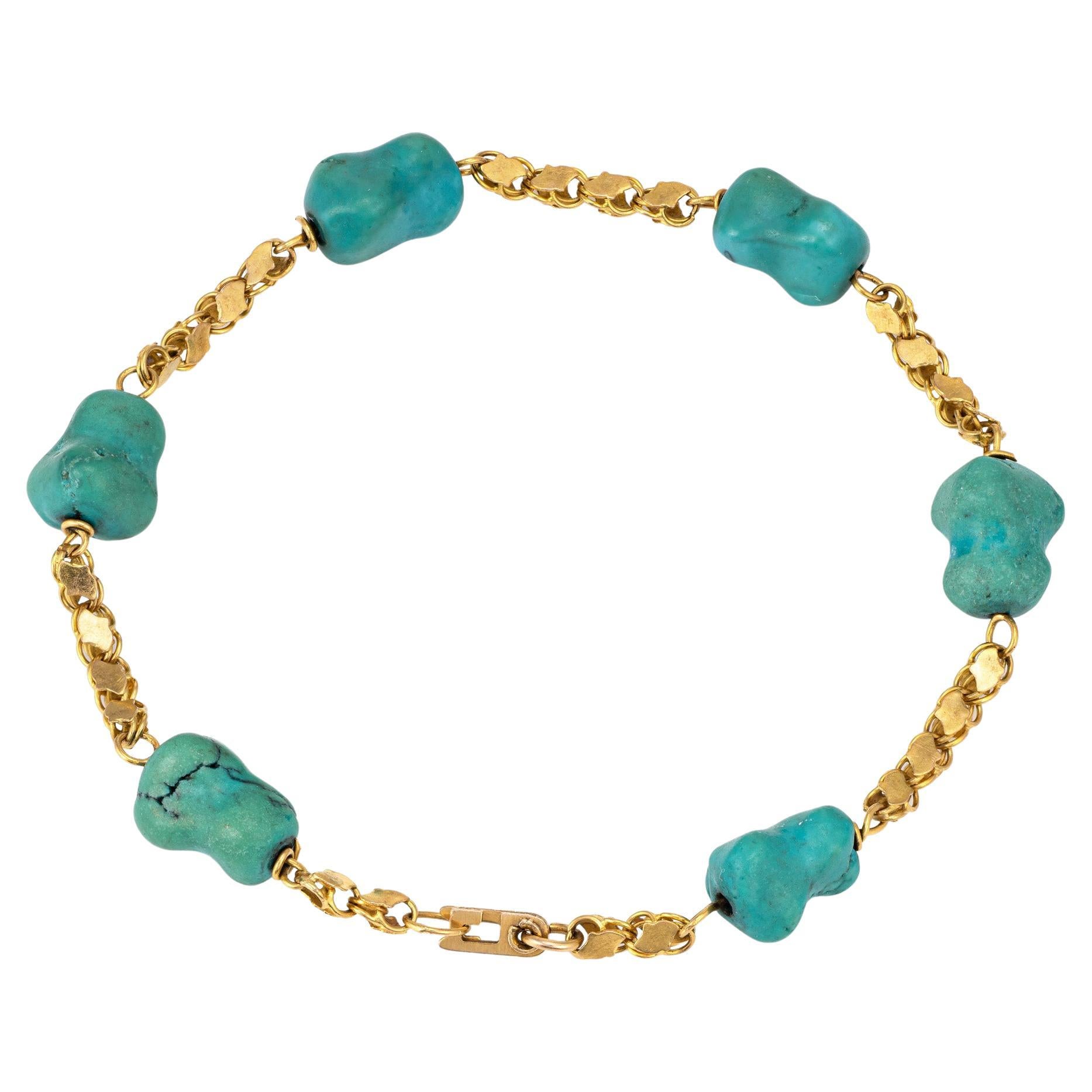 Bracelet Freeform Turquoise 60s Vintage 18k Yellow Gold 8" Fancy Link Jewelry