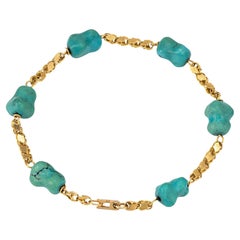 Freeform Turquoise Bracelet 1960s Vintage 18k Yellow Gold Fancy Link Jewelry