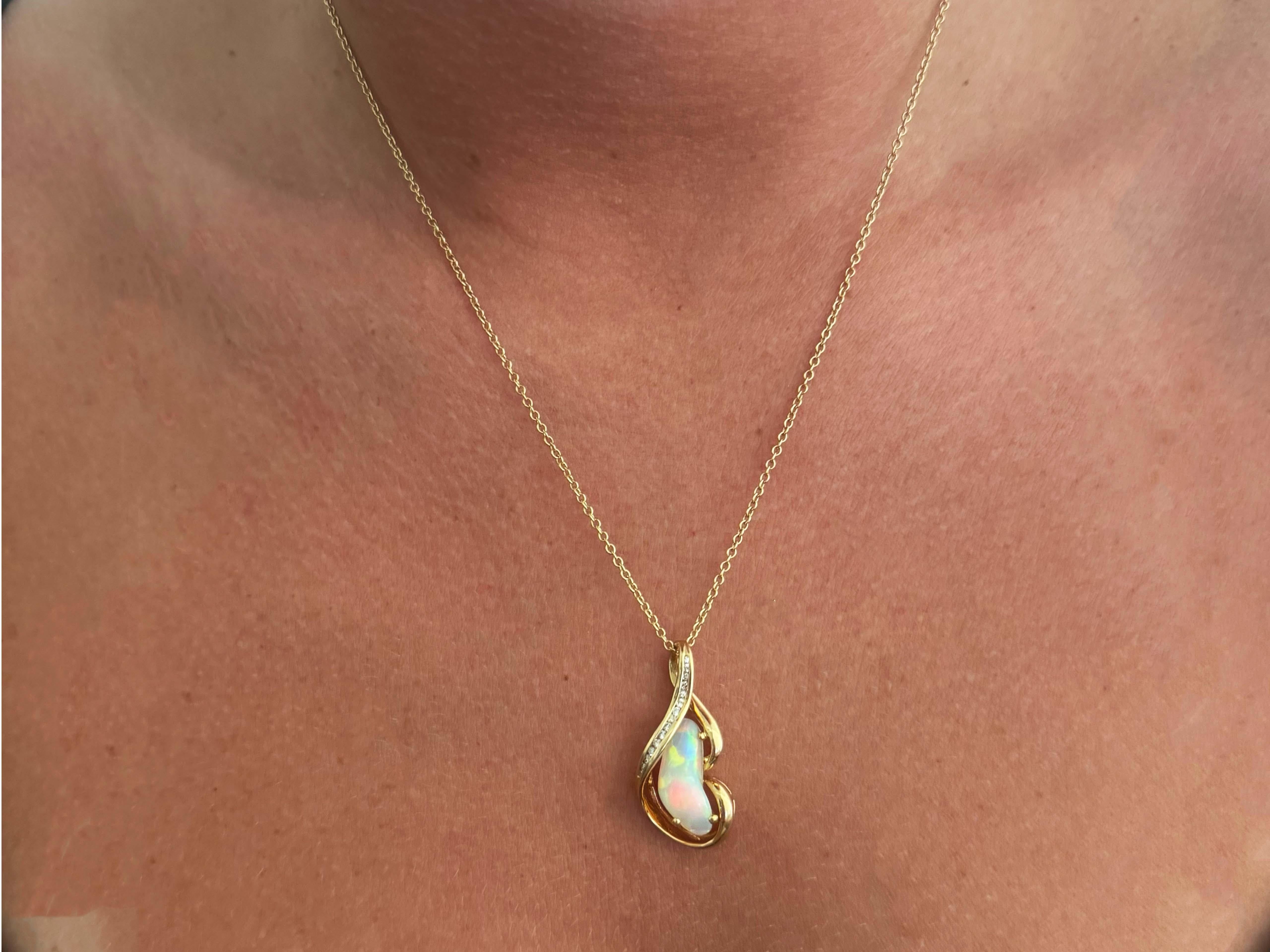 Modern Freeform White Opal and Diamond Pendant 14k Yellow Gold For Sale