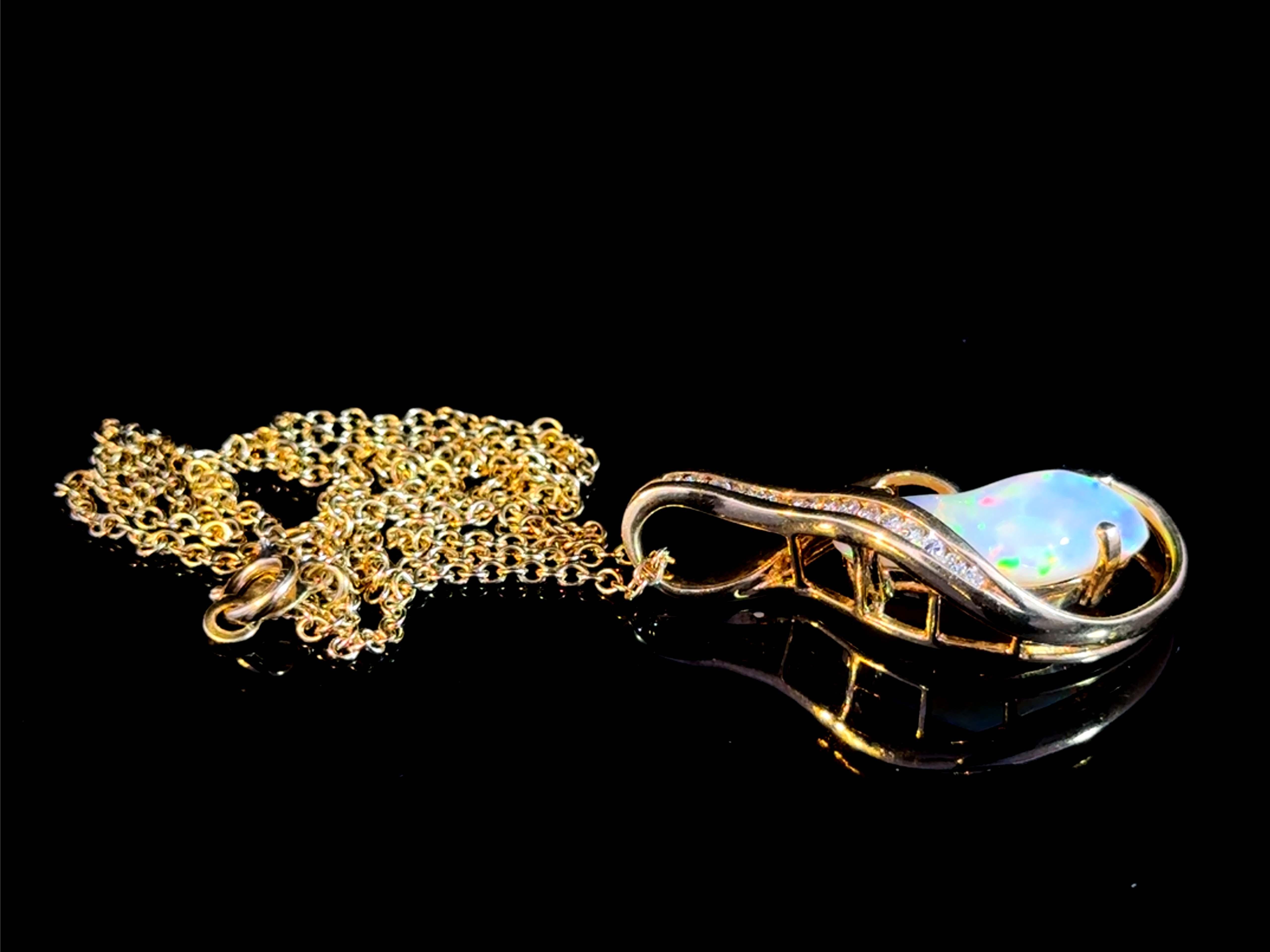 Brilliant Cut Freeform White Opal and Diamond Pendant 14k Yellow Gold For Sale