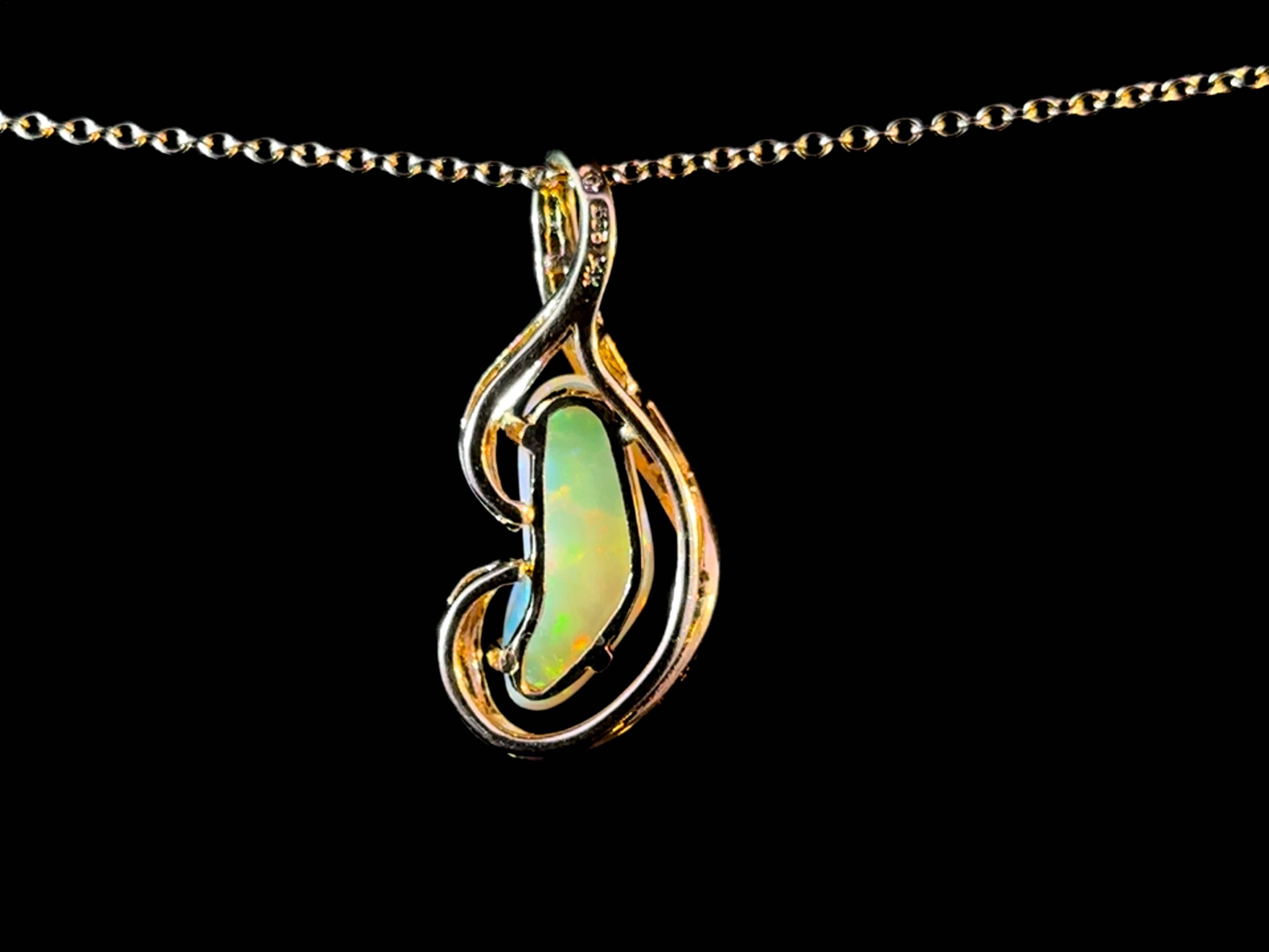 Women's Freeform White Opal and Diamond Pendant 14k Yellow Gold For Sale