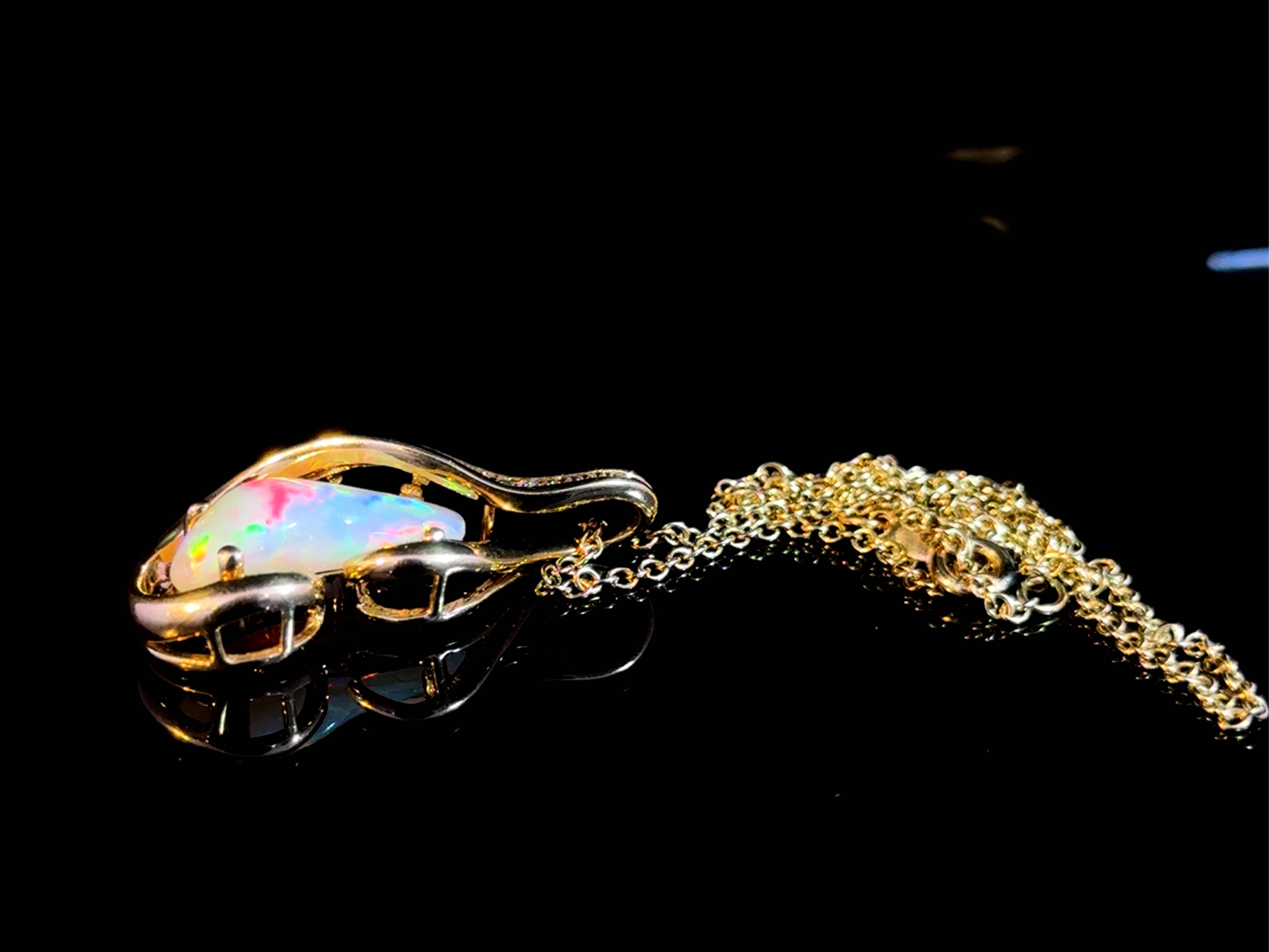 Freeform White Opal and Diamond Pendant 14k Yellow Gold For Sale 1