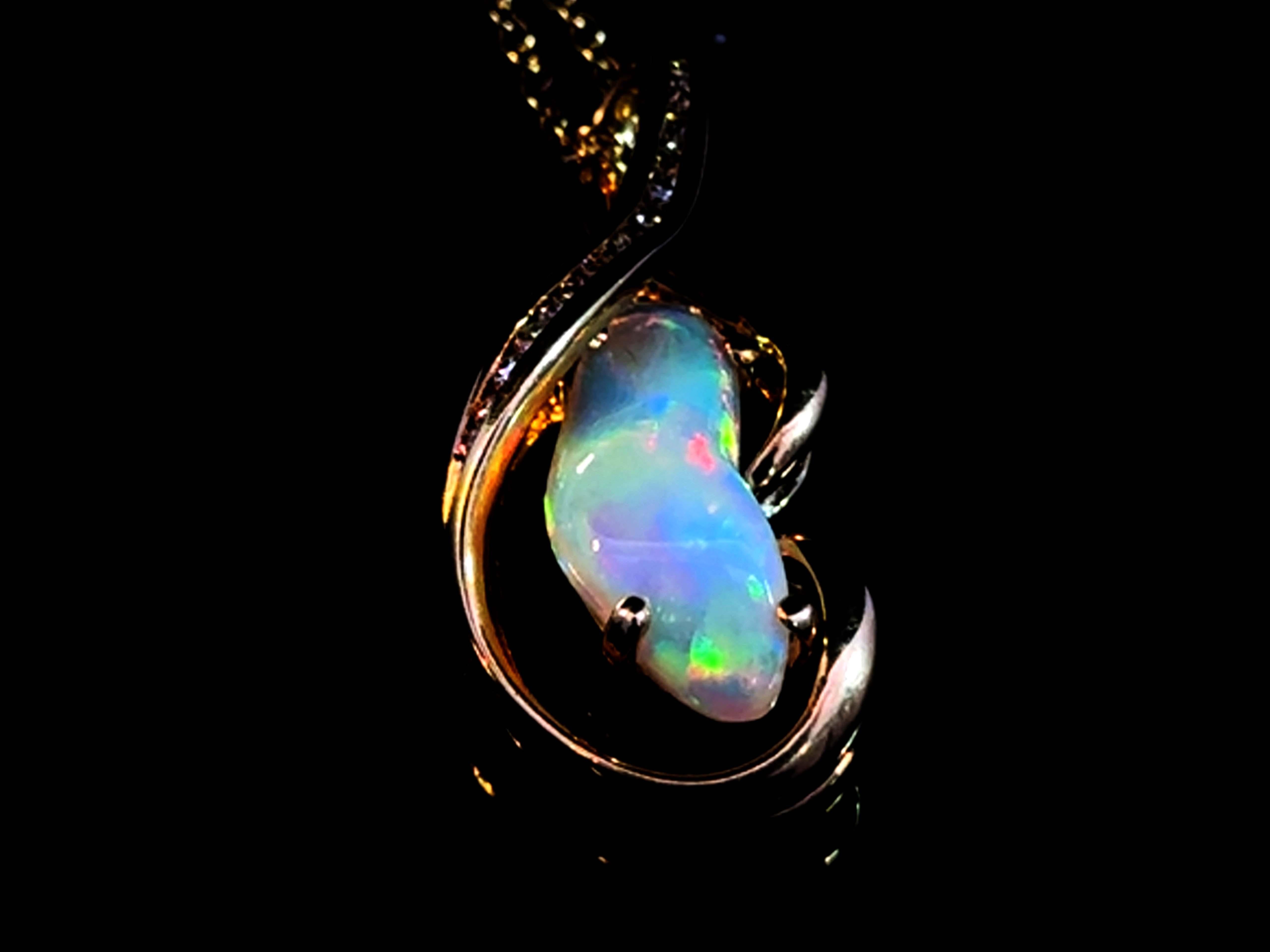 Freeform White Opal and Diamond Pendant 14k Yellow Gold For Sale 3