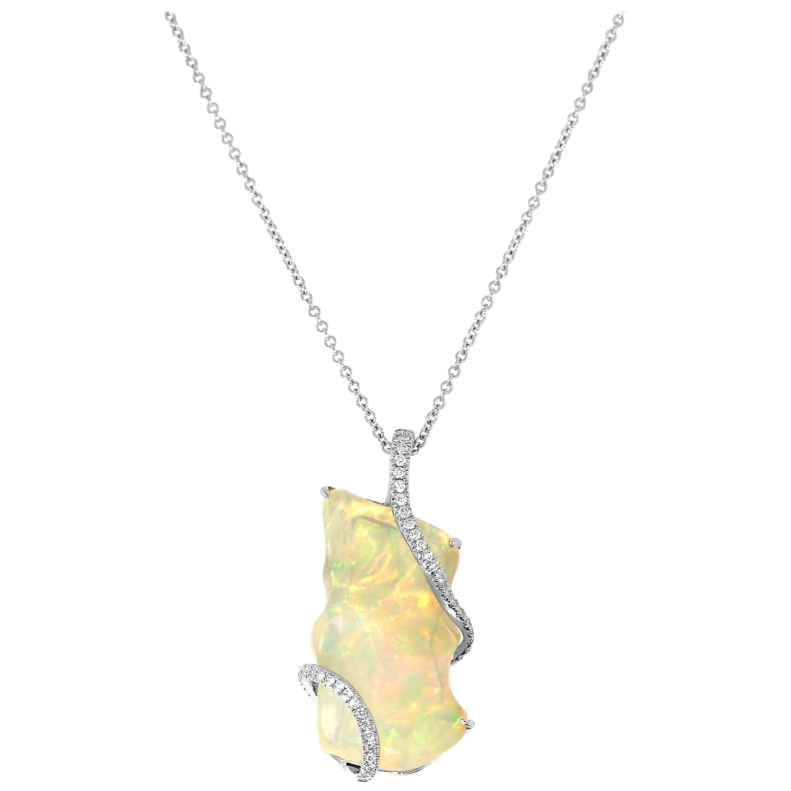 Freeform White Opal and Diamond Pendant For Sale