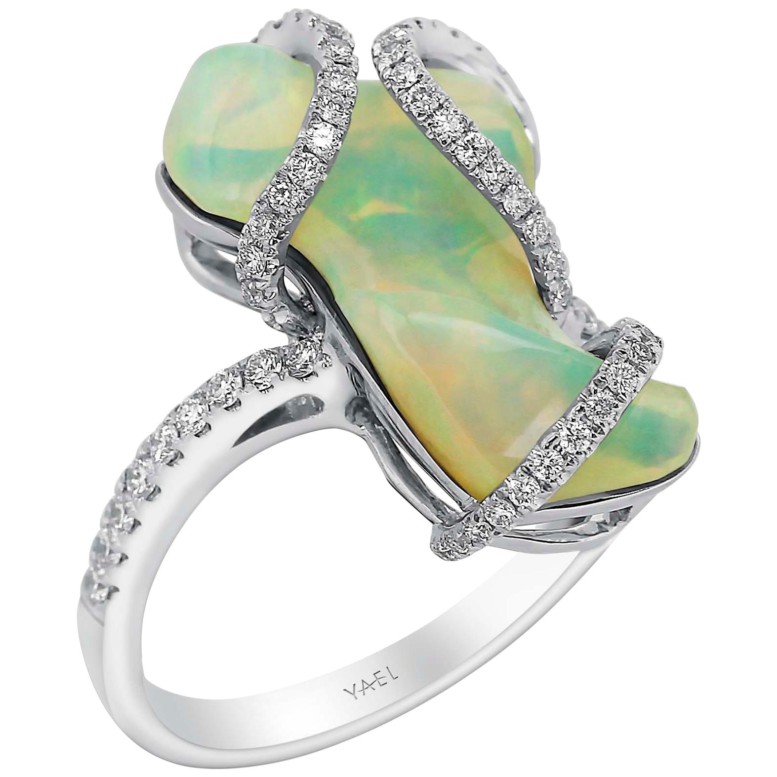 Freeform White Opal and Diamond Ring For Sale