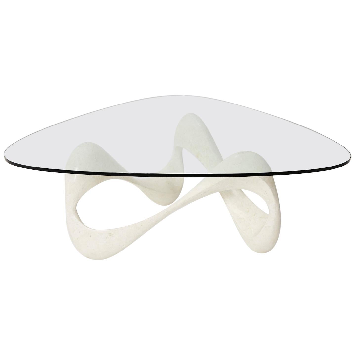 Freeform White Tessellated Stone "Cursive" Coffee Table with Glass Top, 1990s For Sale