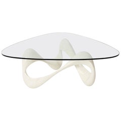 Freeform White Tessellated Stone "Cursive" Coffee Table with Glass Top, 1990s