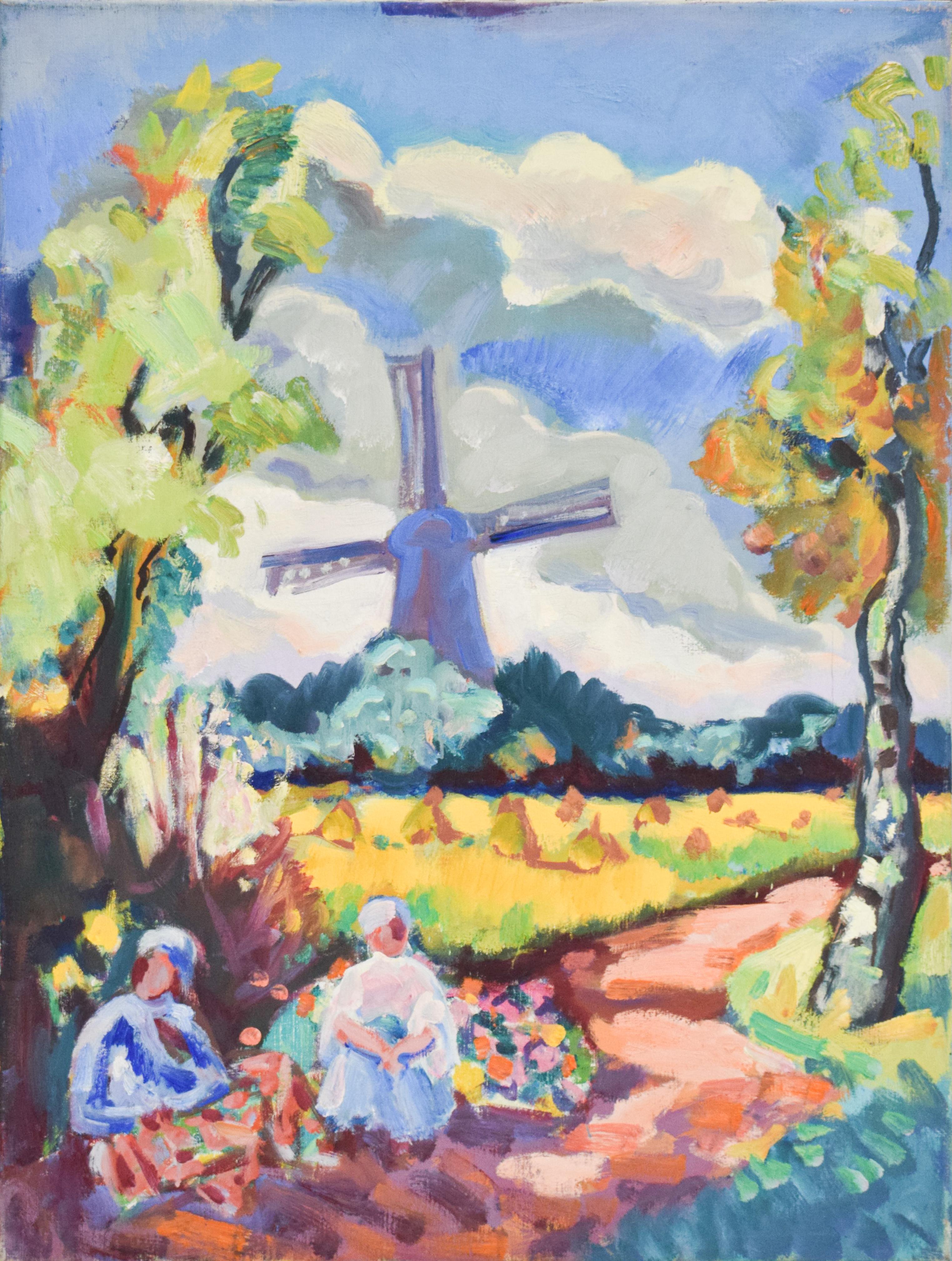 Landscape with mill - Oil Paint on Canvas, Fauvist, Dutch Artist, Painting