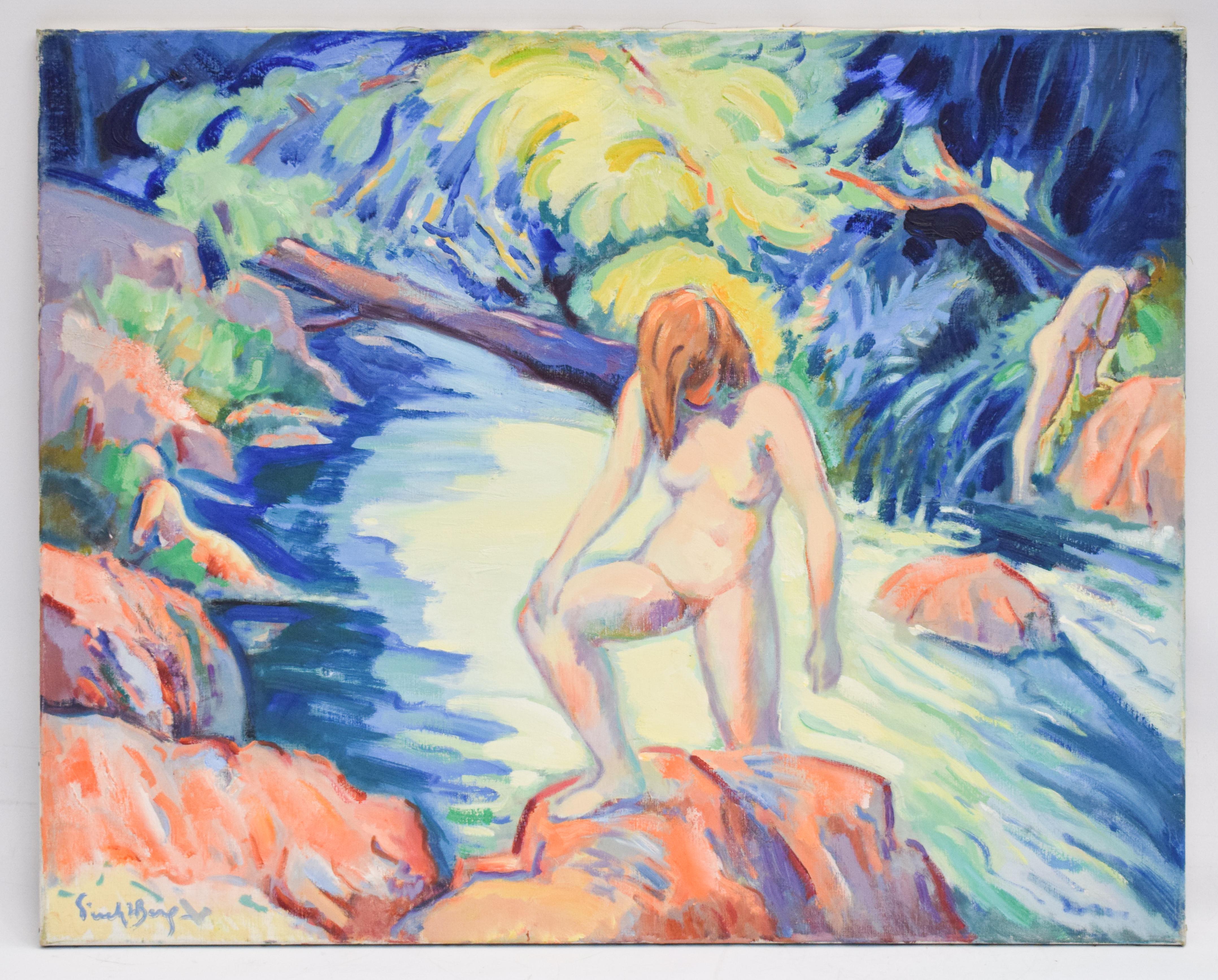  Nude portrait in nature - Oil Paint on Canvas, Fauvist, Dutch Artist, Painting - Gray Nude Painting by Freek van den Berg