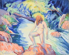 Vintage  Nude portrait in nature - Oil Paint on Canvas, Fauvist, Dutch Artist, Painting