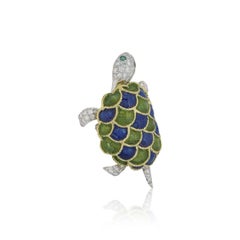 Freely Moving Yellow and White Gold Enamel and Diamond Turtle Brooch
