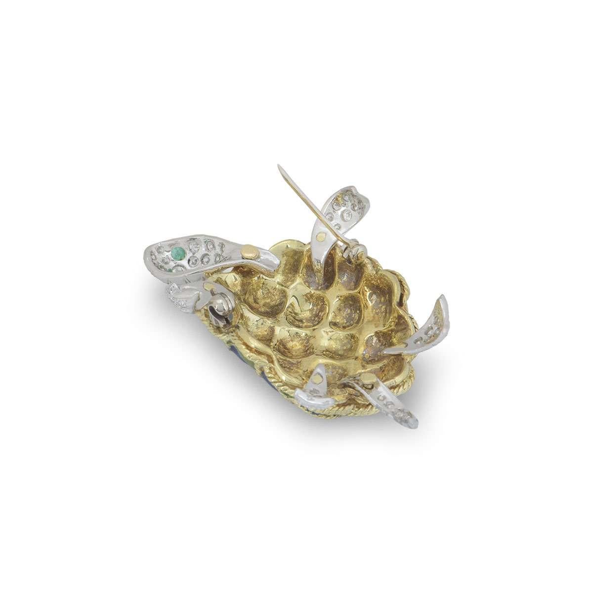 Round Cut Freely Moving Yellow and White Gold Enamel and Diamond Turtle Brooch