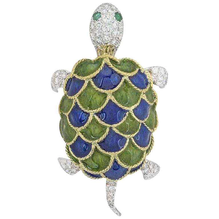 Freely Moving Yellow and White Gold Enamel and Diamond Turtle Brooch