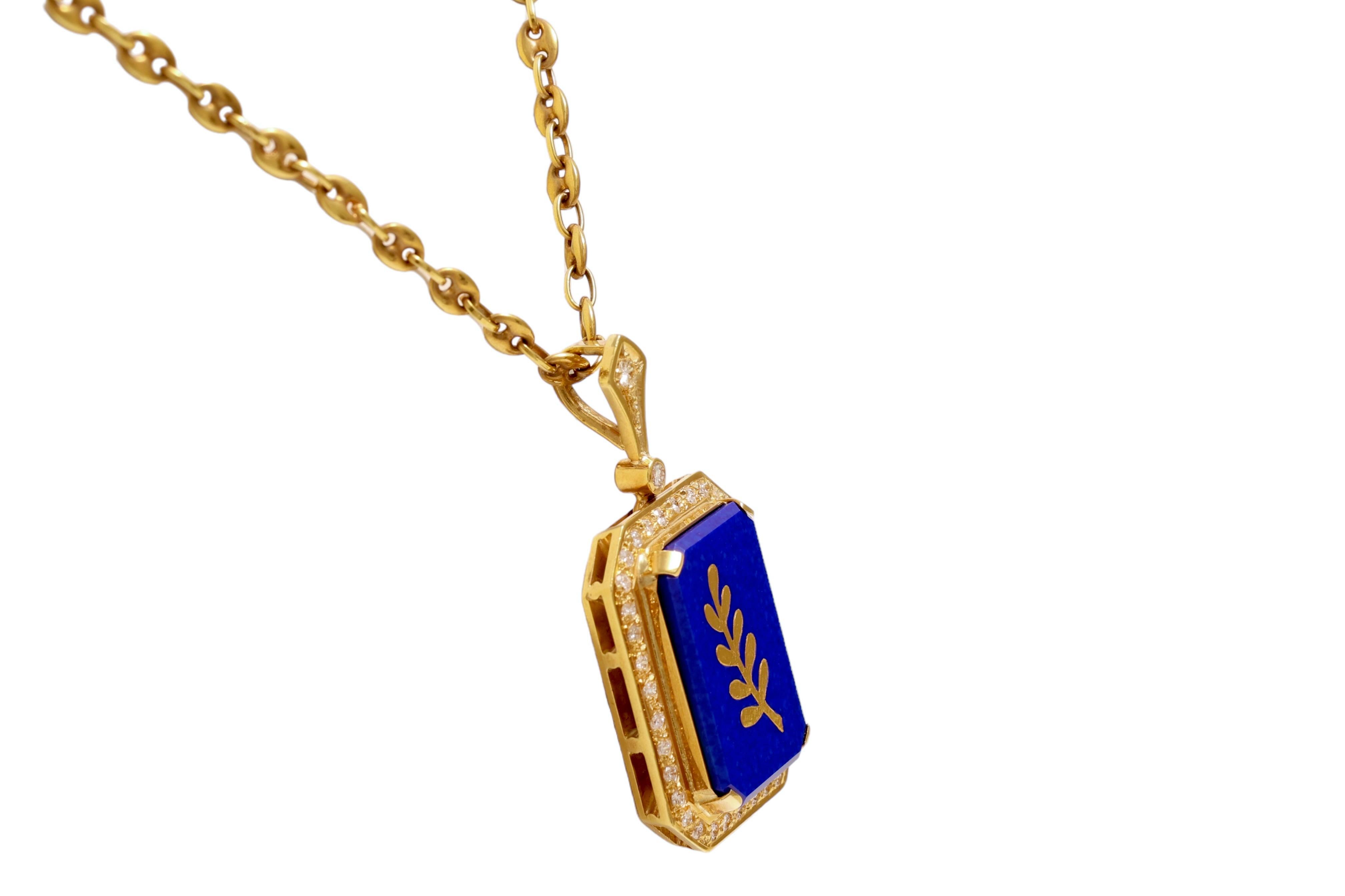 Retro Freemasonry 18kt Solid Yellow Gold Necklace with Diamonds and Lapis Lazuli For Sale