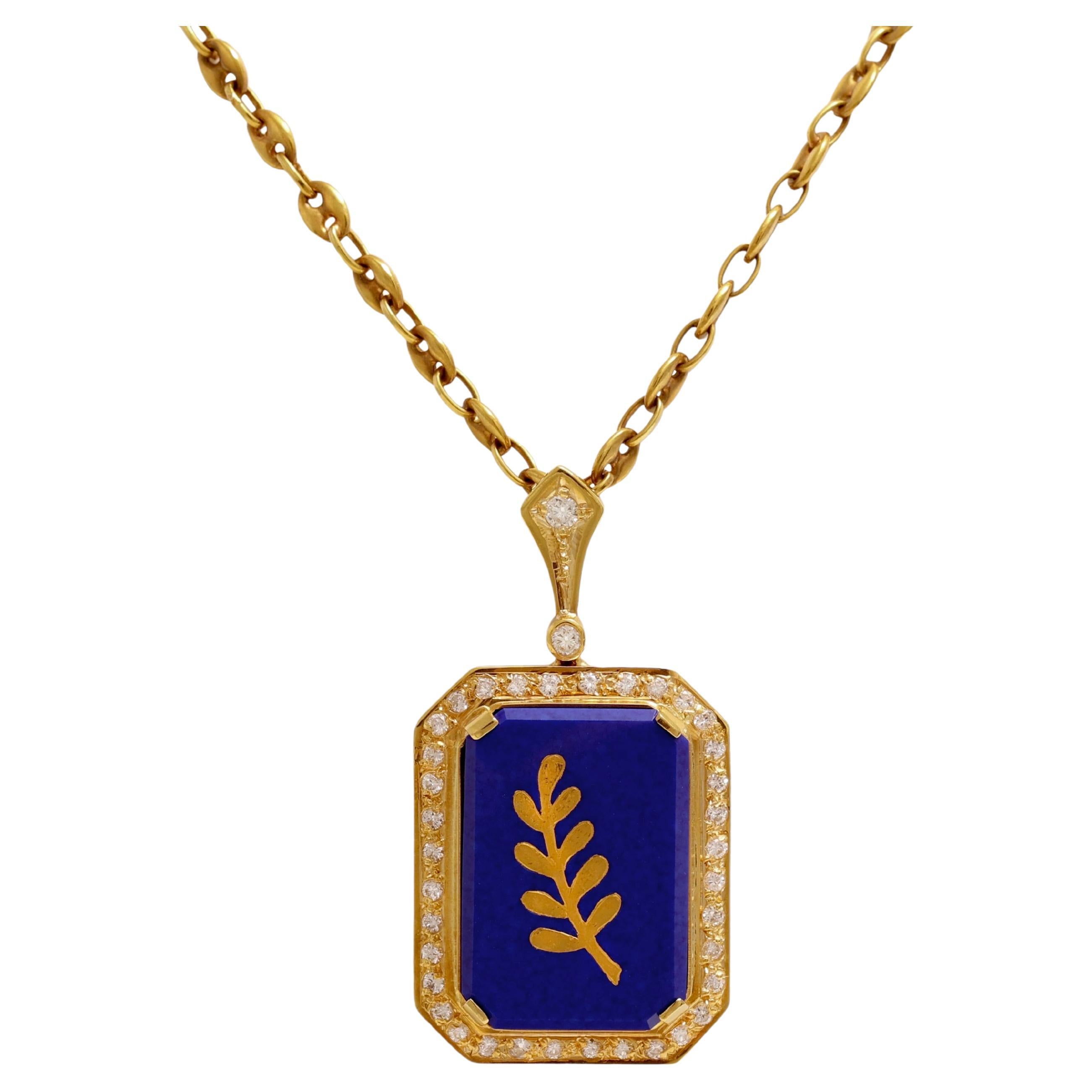 Freemasonry 18kt Solid Yellow Gold Necklace with Diamonds and Lapis Lazuli For Sale