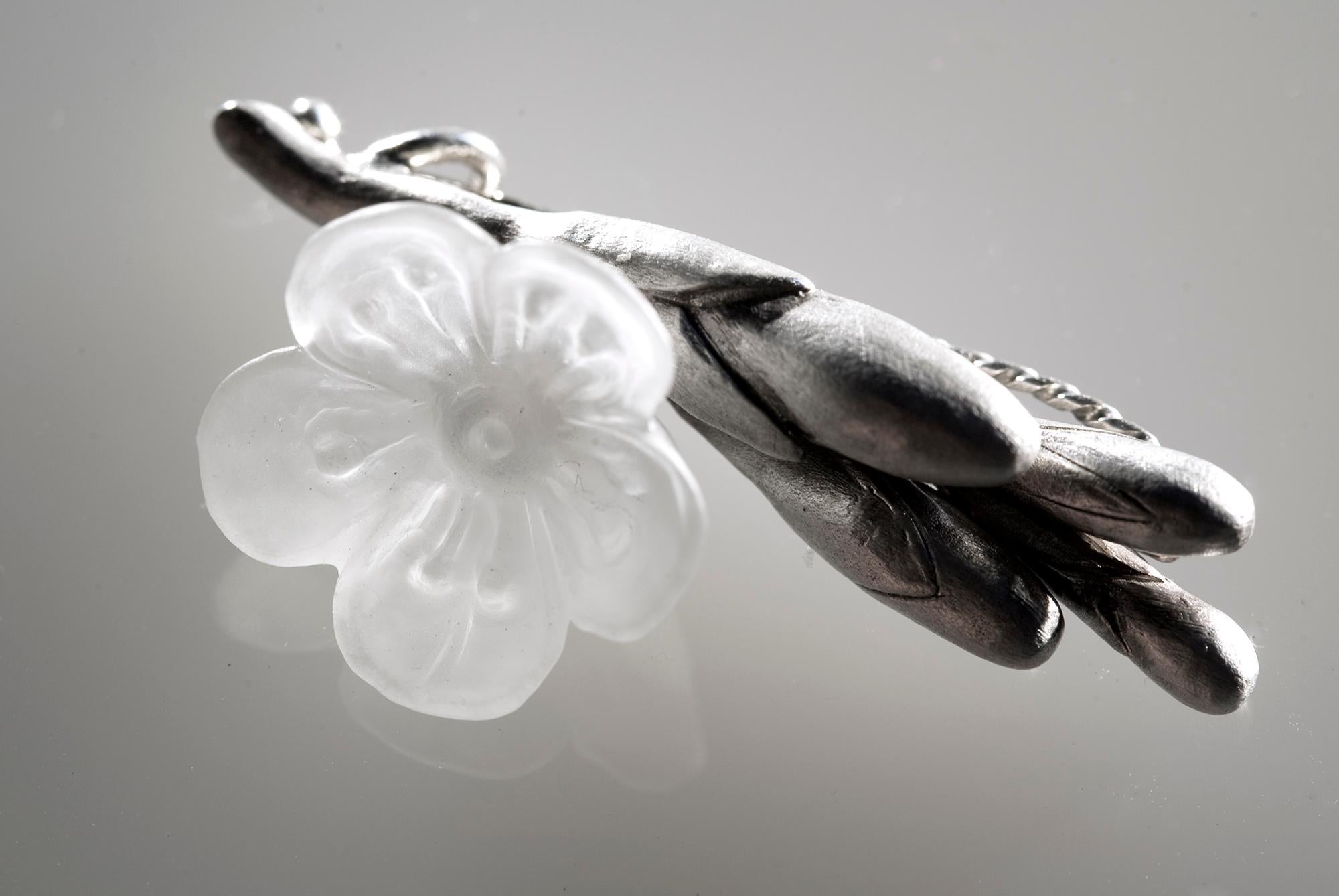 Freesia Boutonniere Brooch by the Artist in Sterling Silver with Quartz Flower For Sale 2