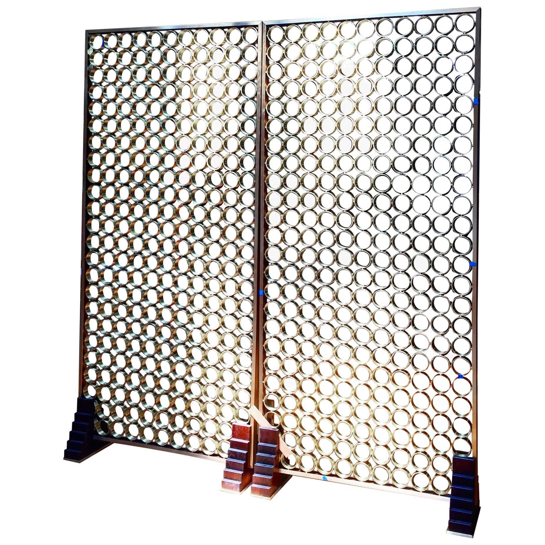 Freestanding Circulum Screen Hand-Fastened with Brass Rings & Wenge & Brass Feet For Sale