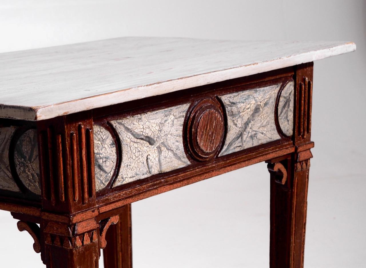 Freestanding Danish Louis XVI table, in original painting with faux marble top, circa 1780.