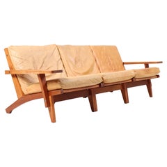 Freestanding Danish Sofa in Oak and Leather by Hans J Wegner, 1960s