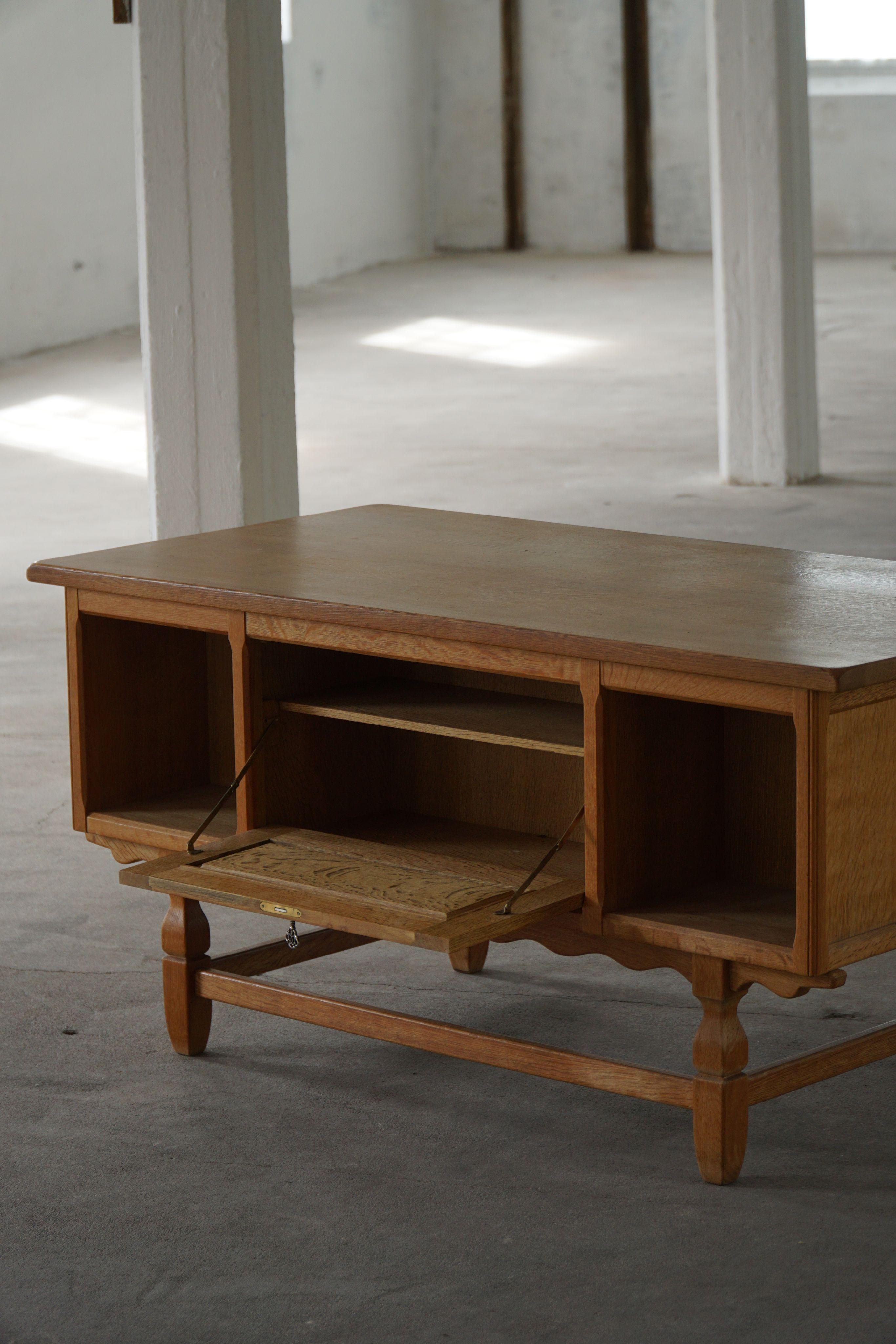 Brass Freestanding Desk in Oak, Danish Mid Century Modern, Henning Kjærnulf, 1950s For Sale