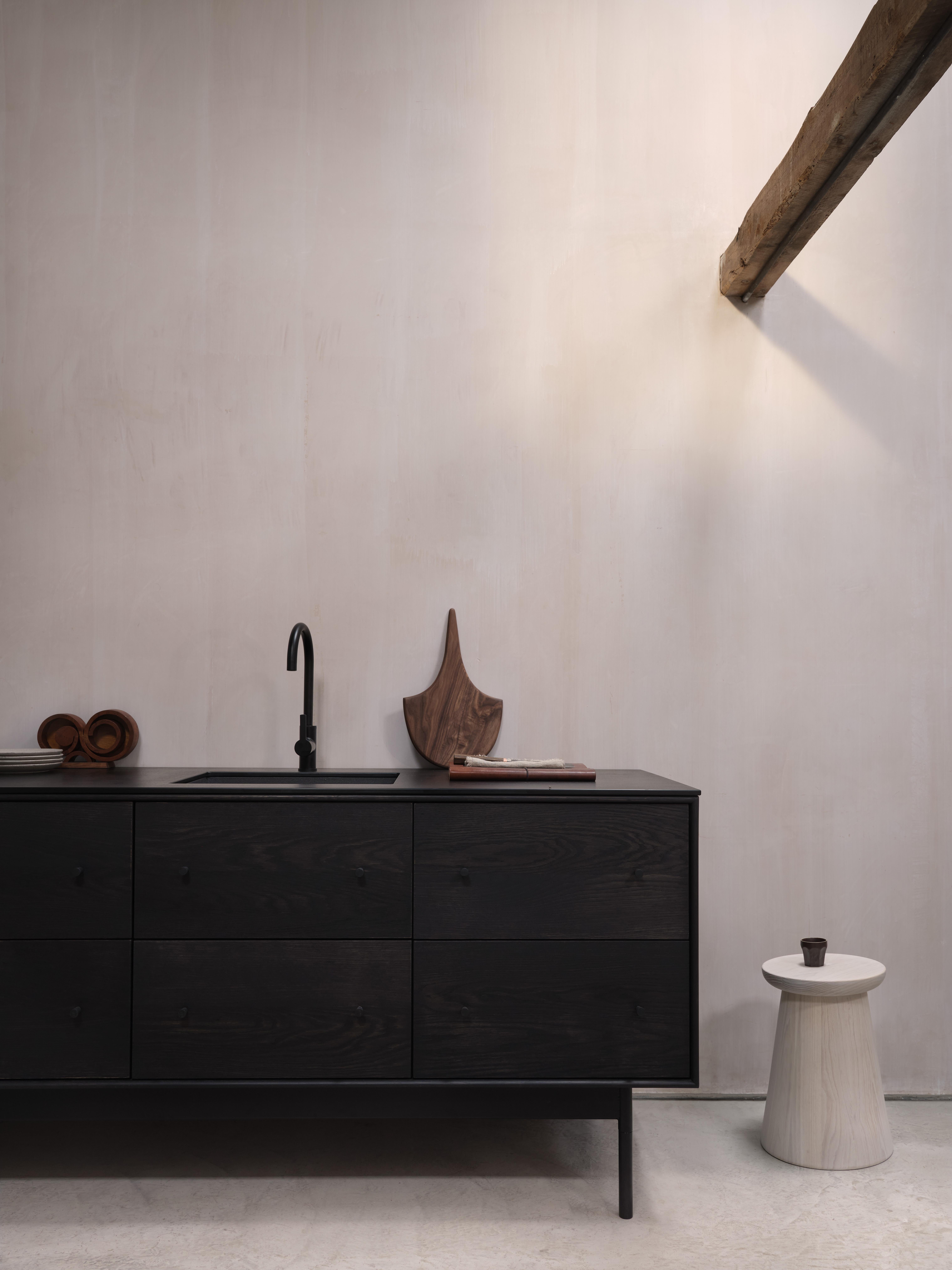 Contemporary Freestanding Kitchen Island Ebonised Black Oak Sink Tap and Cooktop For Sale