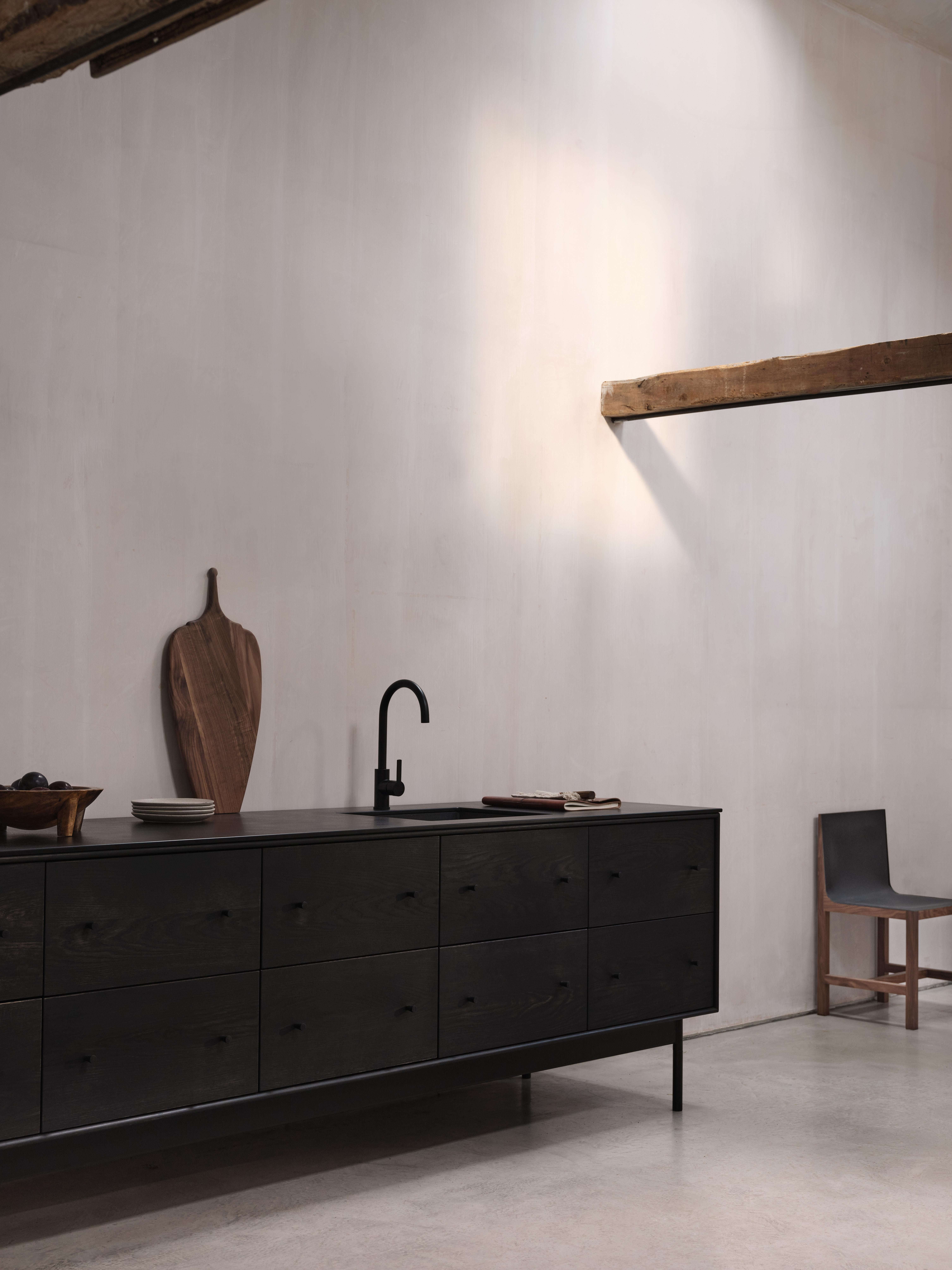 Wood Freestanding Kitchen Island Ebonised Black Oak Sink Tap and Cooktop For Sale