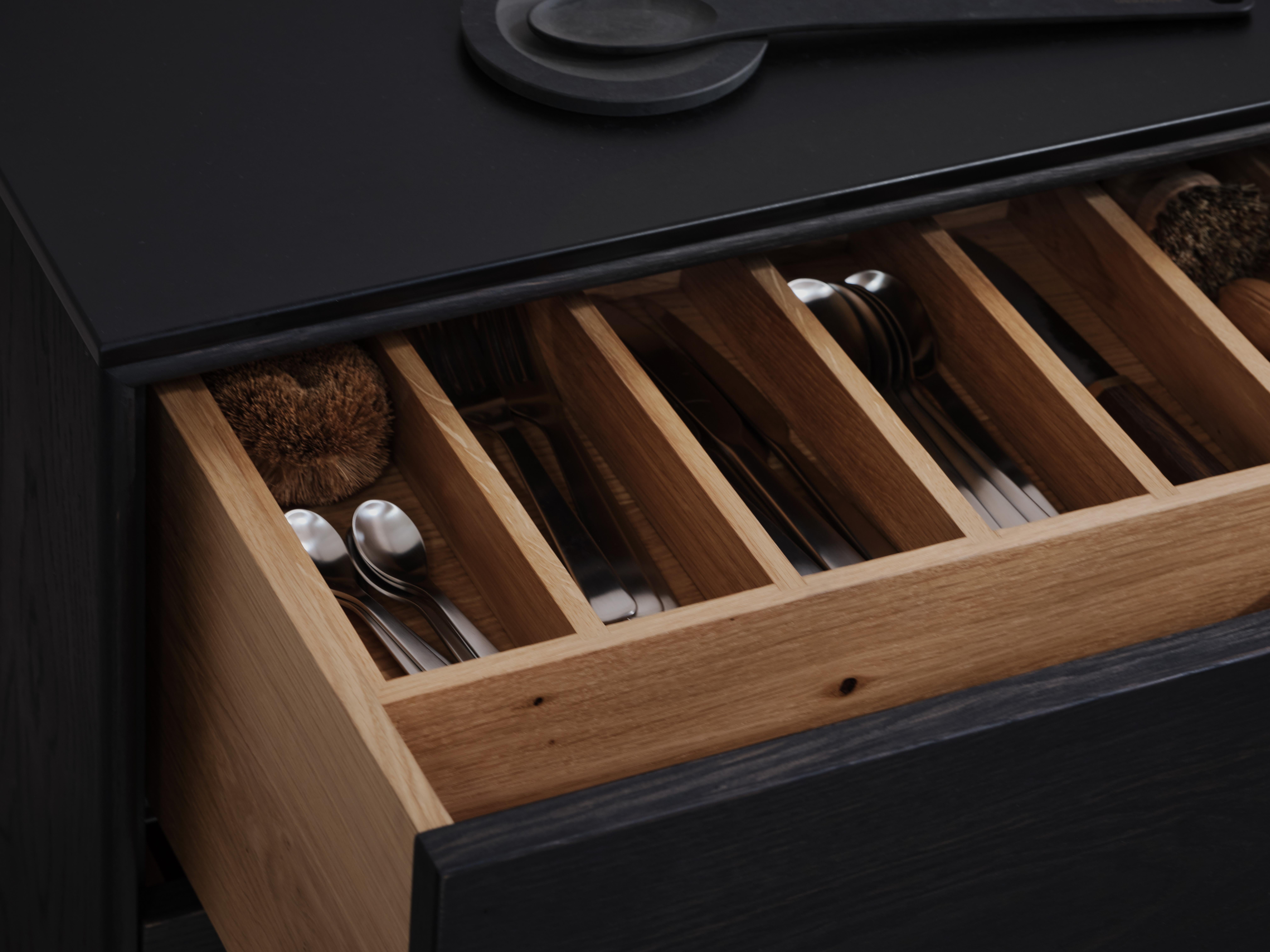 Freestanding Kitchen Island Ebonised Black Oak Sink Tap and Cooktop For Sale 2
