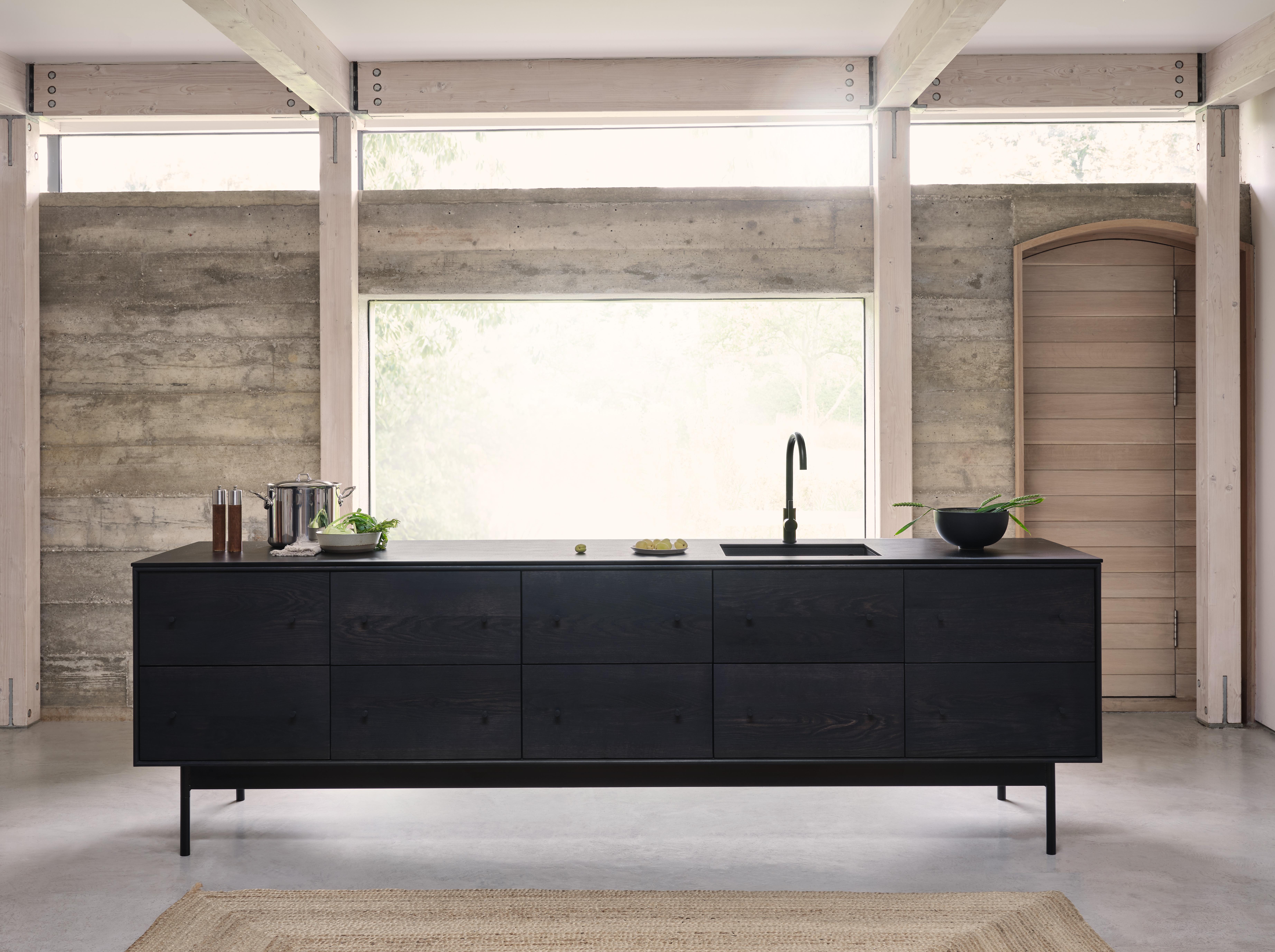 Modern Freestanding Kitchen Island Ebonised Black Oak Sink Tap and Cooktop For Sale