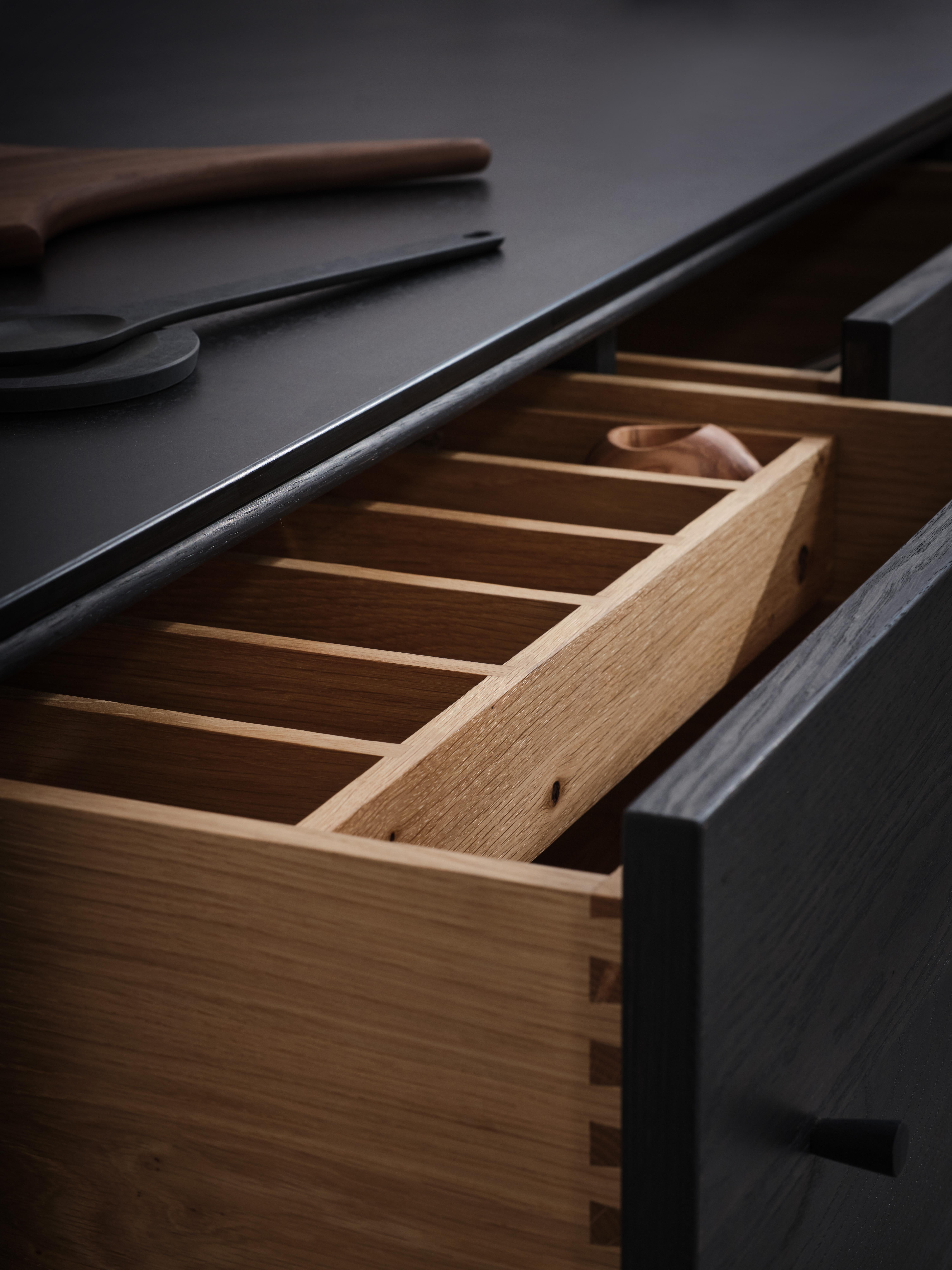 Hand-Crafted Freestanding Kitchen Island Ebonised Black Oak Sink Tap and Cooktop For Sale