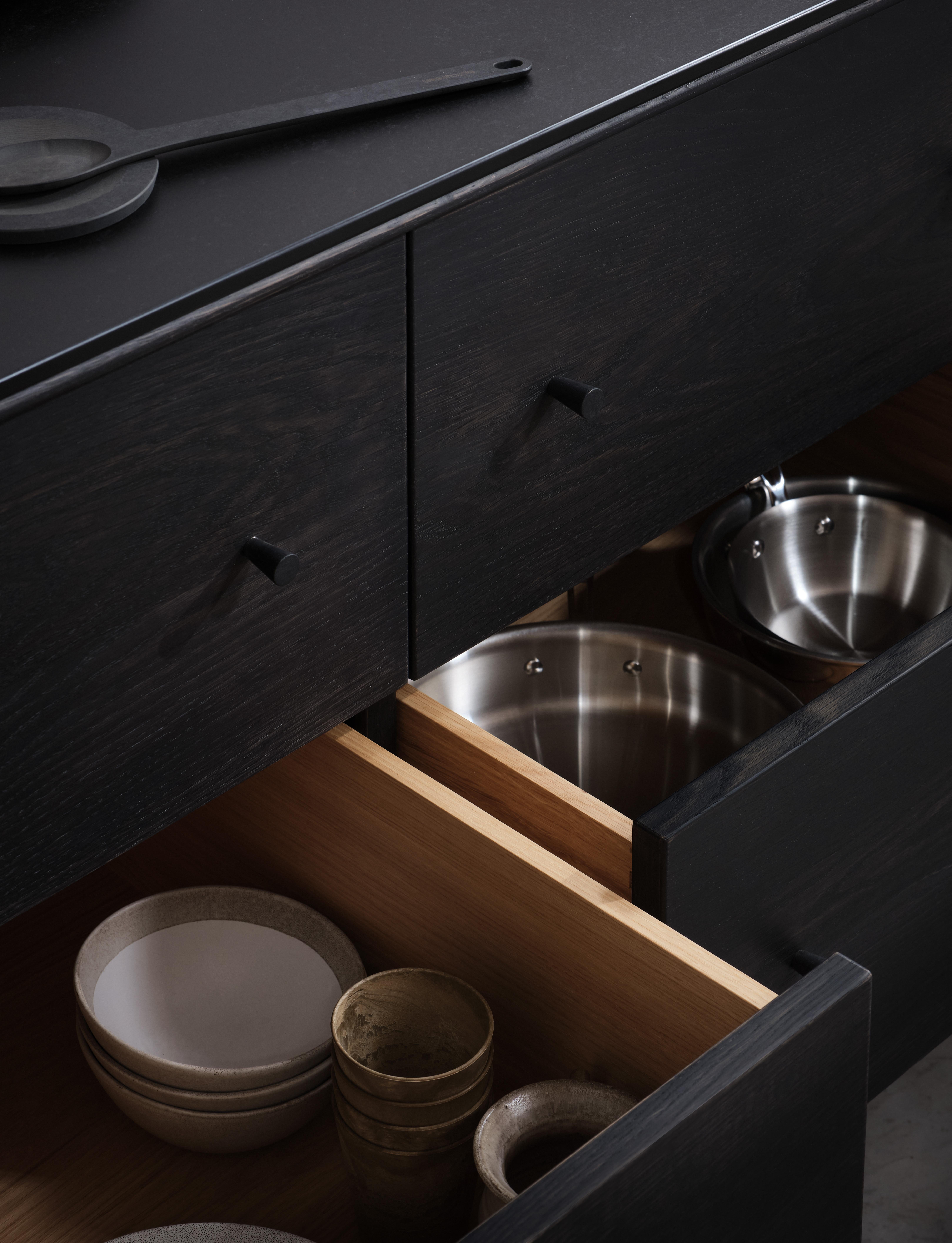 Freestanding Kitchen Island Ebonised Black Oak Sink Tap and Cooktop In New Condition For Sale In London, GB