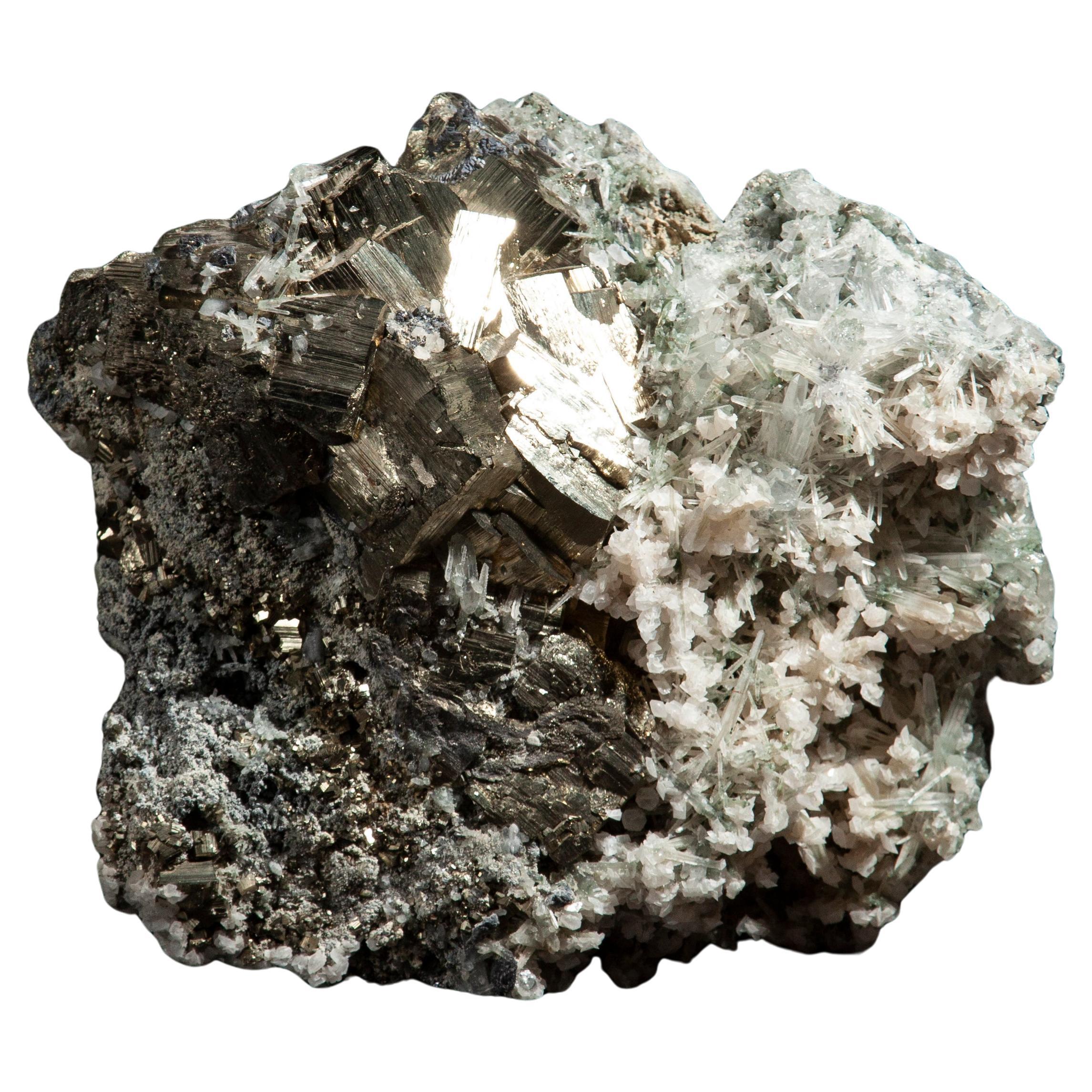 Raro, grande mazzo di cristalli di pirite e quarzo indipendente dal Perù
