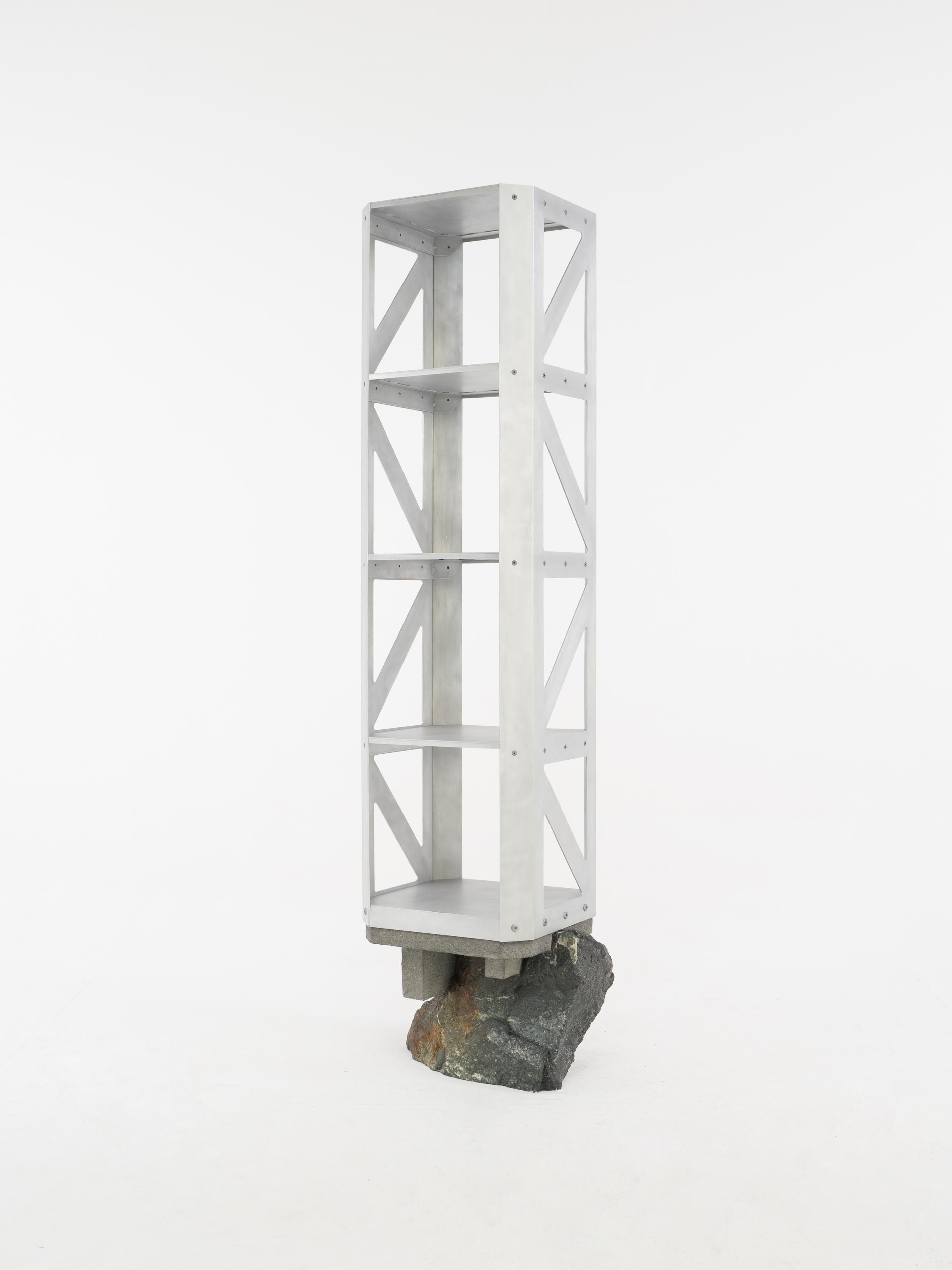 Hand-Crafted Freestanding shelf, Foreign Bodies LP-35A, aluminium, stone, by Collin Velkoff For Sale