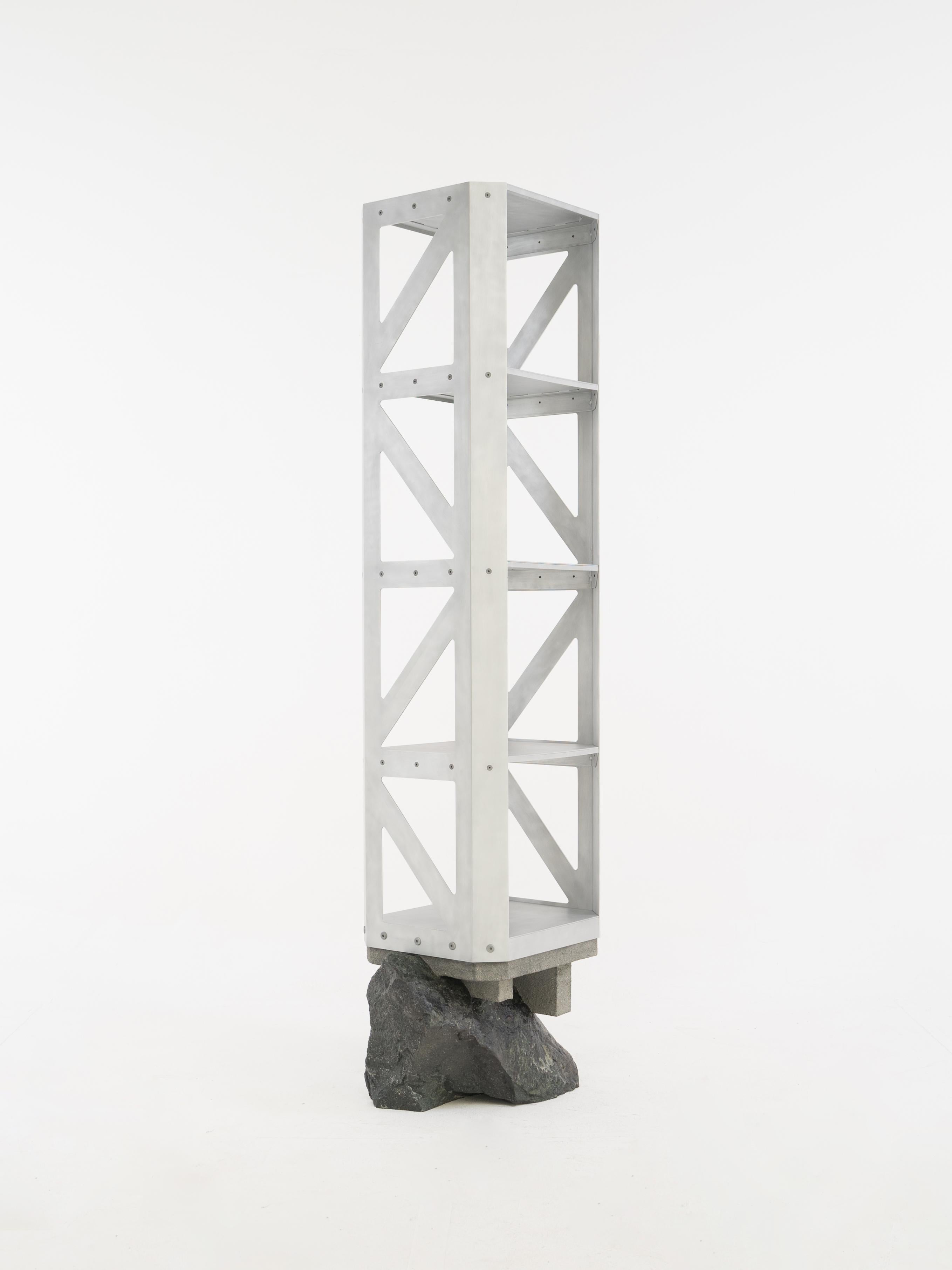 Contemporary Freestanding shelf, Foreign Bodies LP-35A, aluminium, stone, by Collin Velkoff For Sale