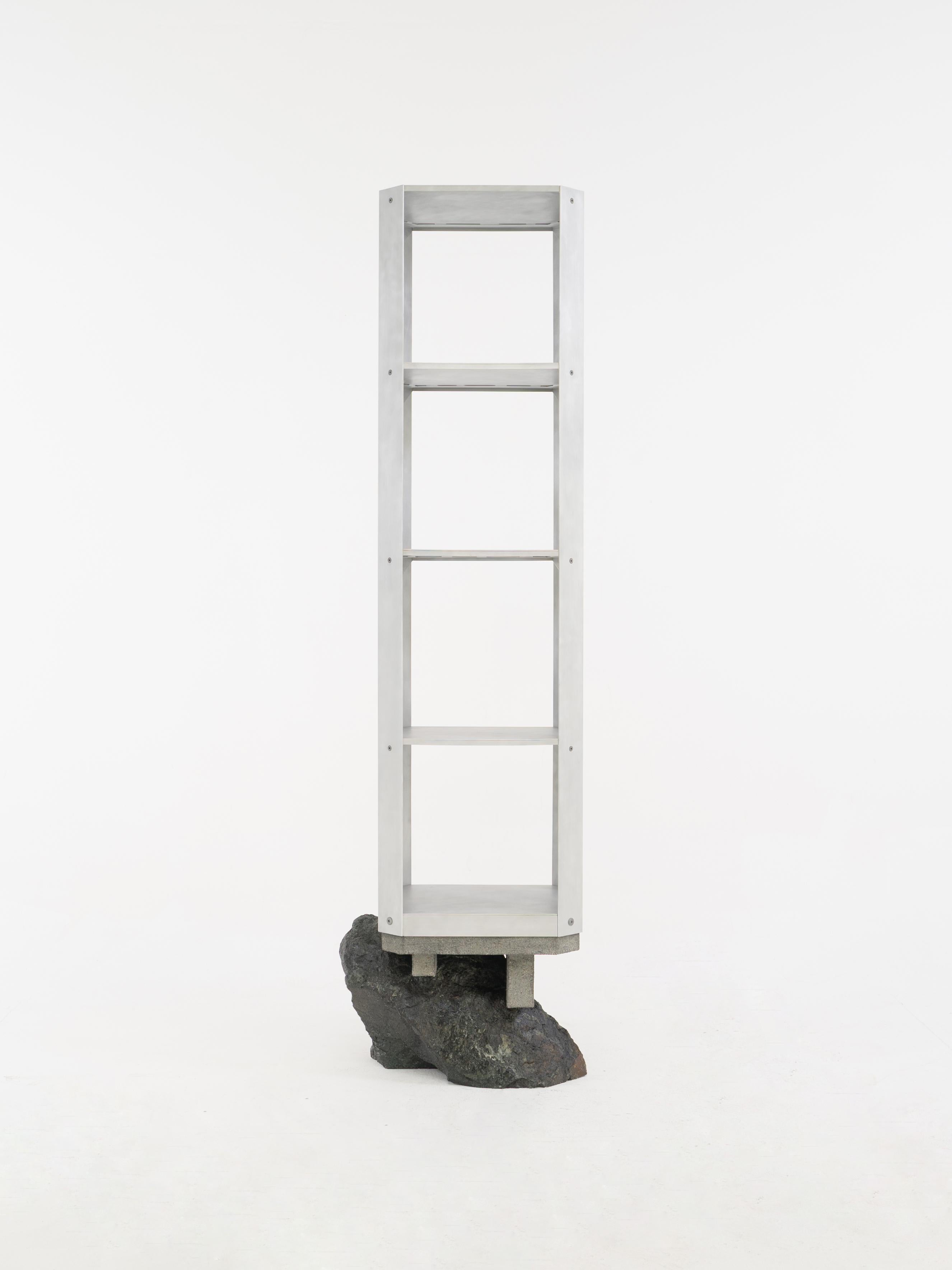 Aluminum Freestanding shelf, Foreign Bodies LP-35A, aluminium, stone, by Collin Velkoff For Sale